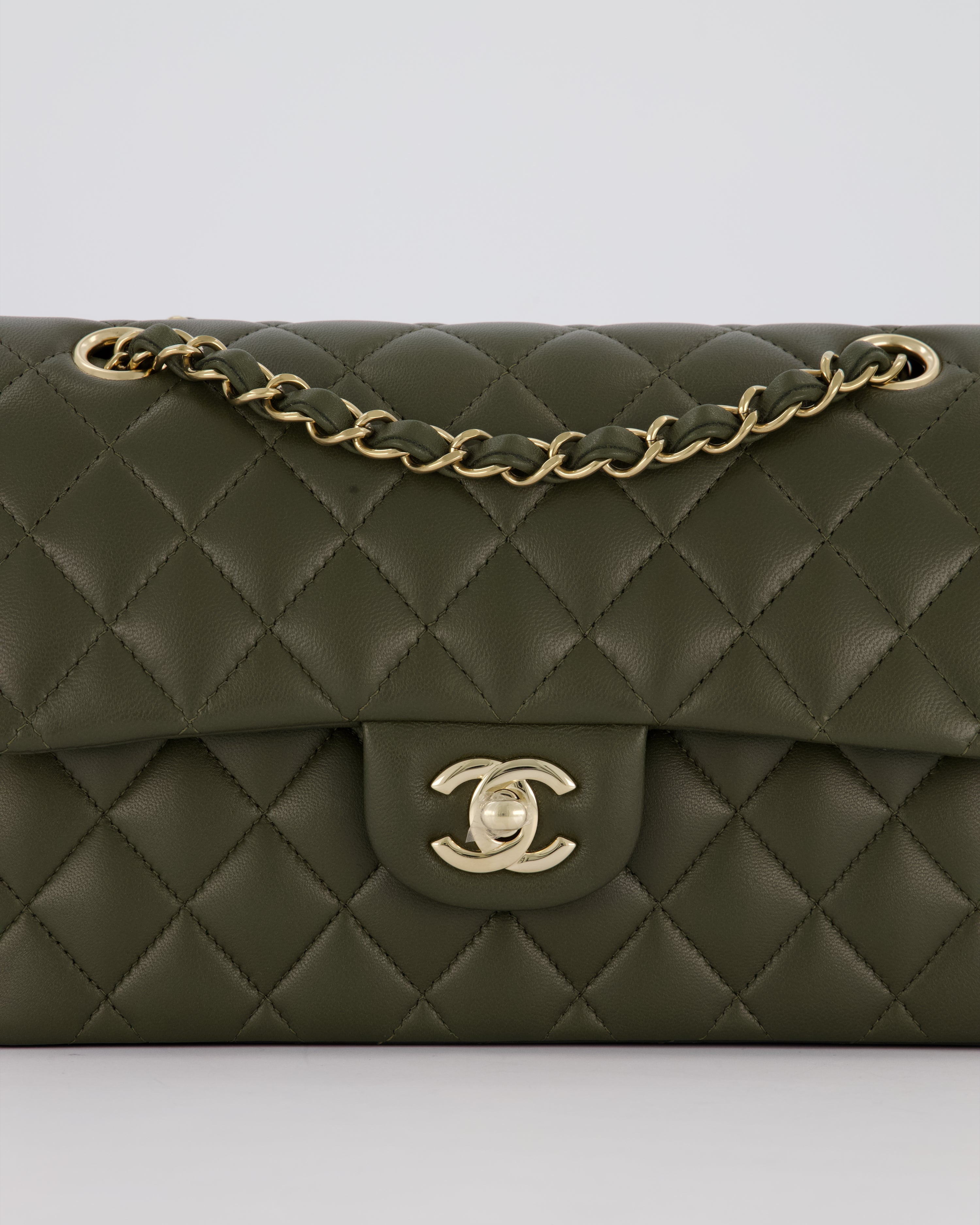 Chanel Olive Green Small Classic Double Flap Bag in Lambskin Leather with Champagne Gold Hardware