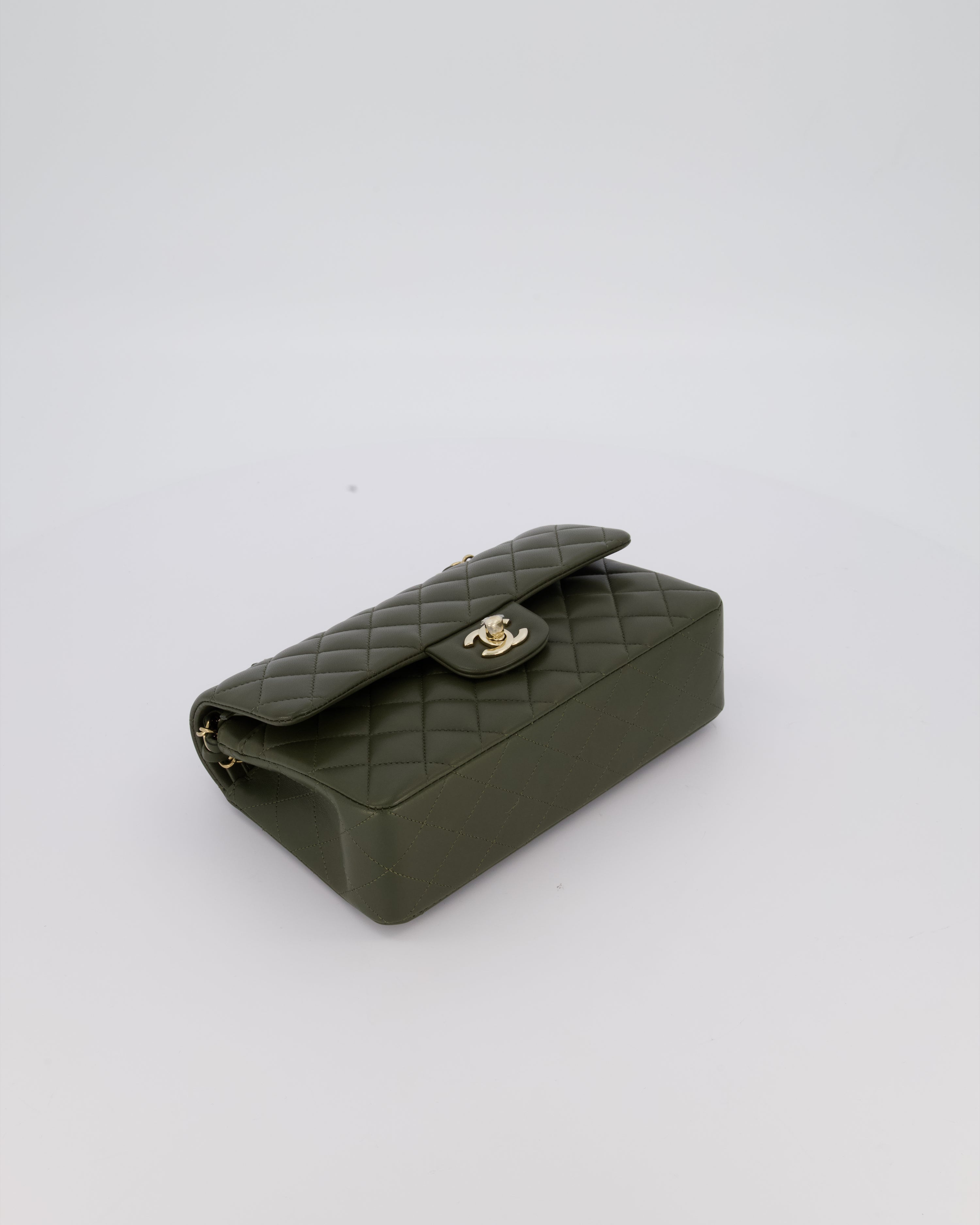 Chanel Olive Green Small Classic Double Flap Bag in Lambskin Leather with Champagne Gold Hardware