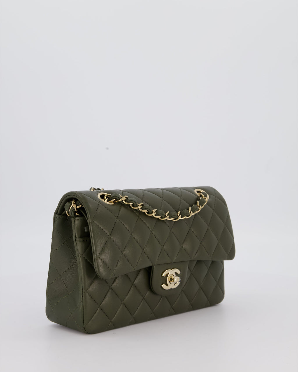 Chanel Olive Green Small Classic Double Flap Bag in Lambskin Leather with Champagne Gold Hardware