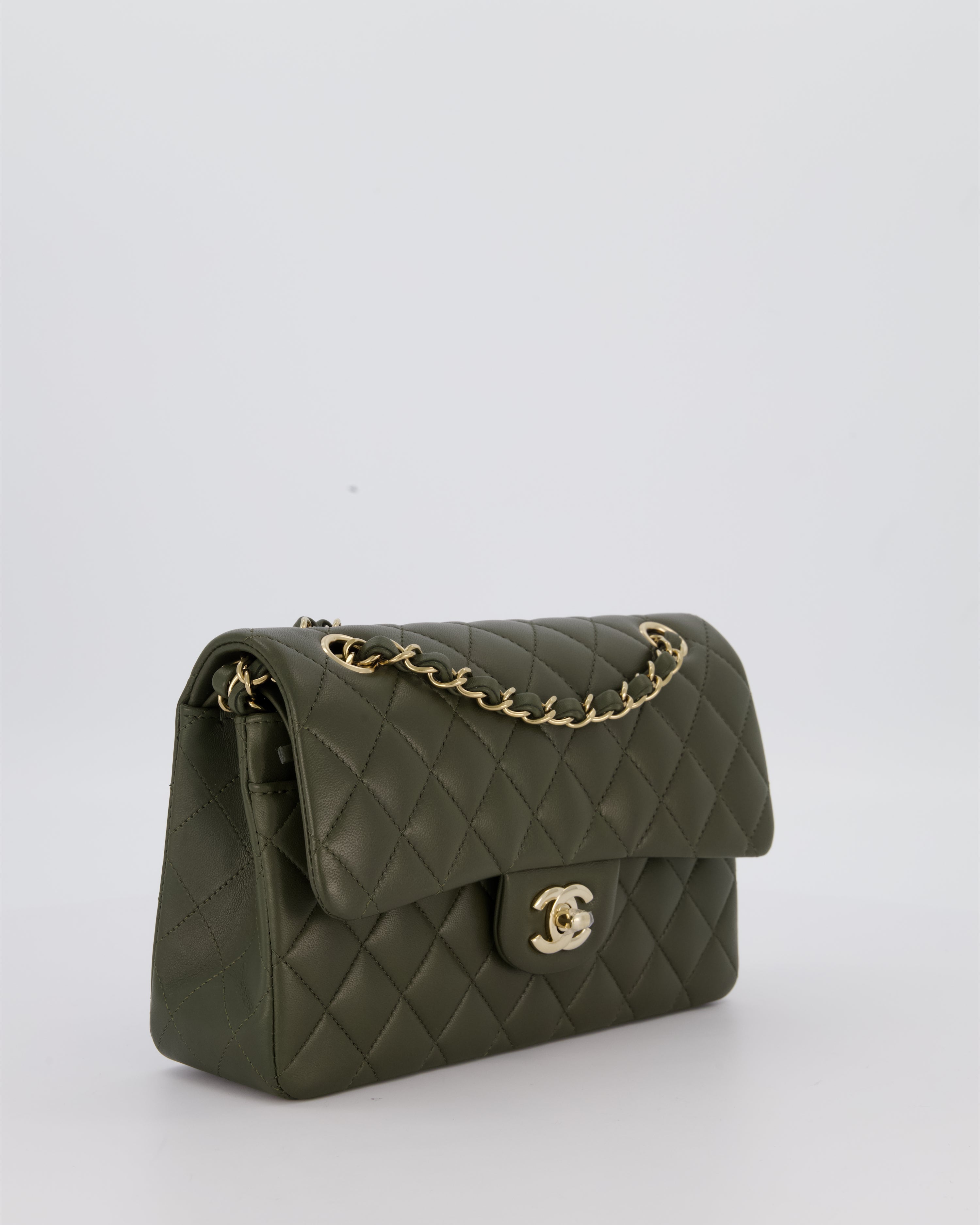 Chanel Olive Green Small Classic Double Flap Bag in Lambskin Leather with Champagne Gold Hardware