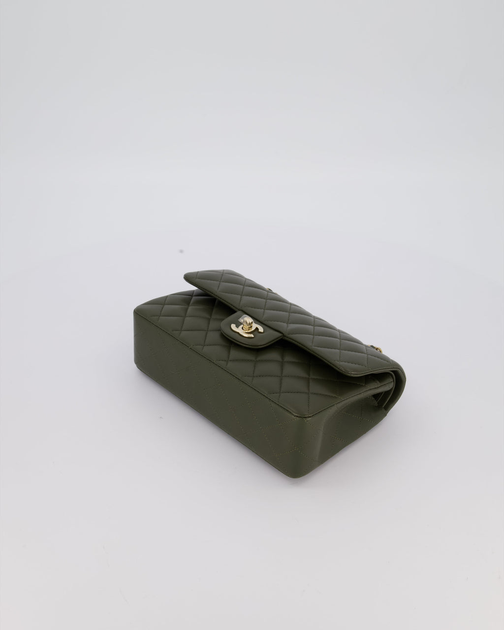 Chanel Olive Green Small Classic Double Flap Bag in Lambskin Leather with Champagne Gold Hardware