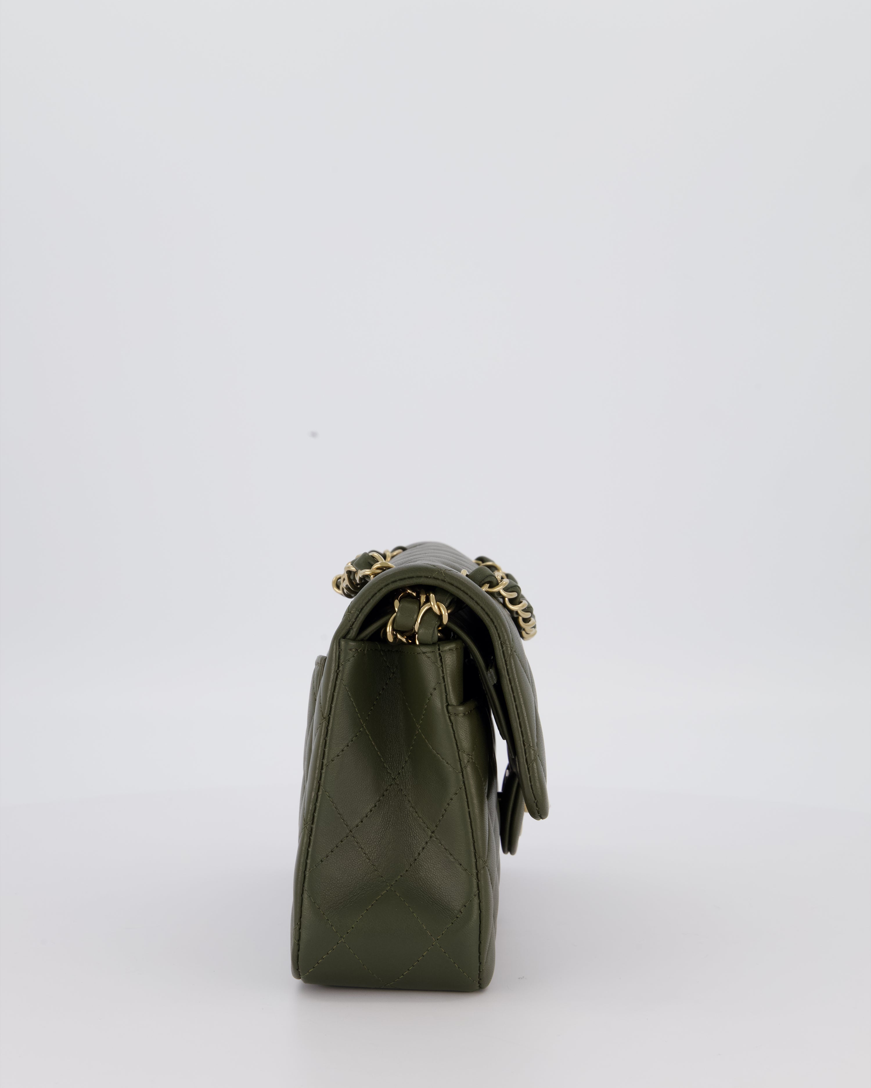 Chanel Olive Green Small Classic Double Flap Bag in Lambskin Leather with Champagne Gold Hardware