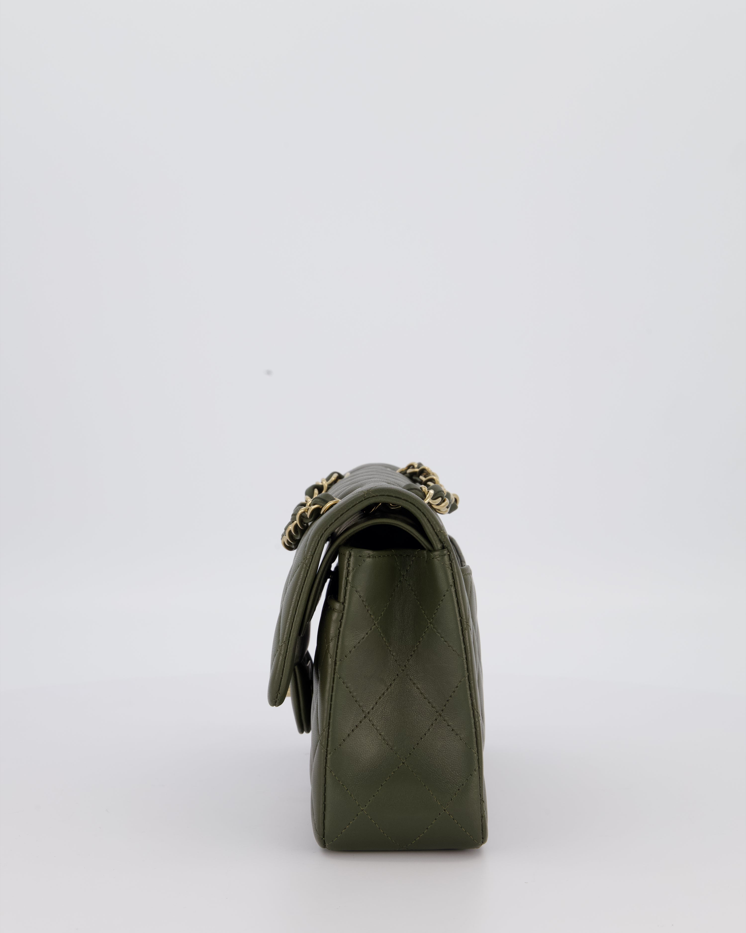 Chanel Olive Green Small Classic Double Flap Bag in Lambskin Leather with Champagne Gold Hardware