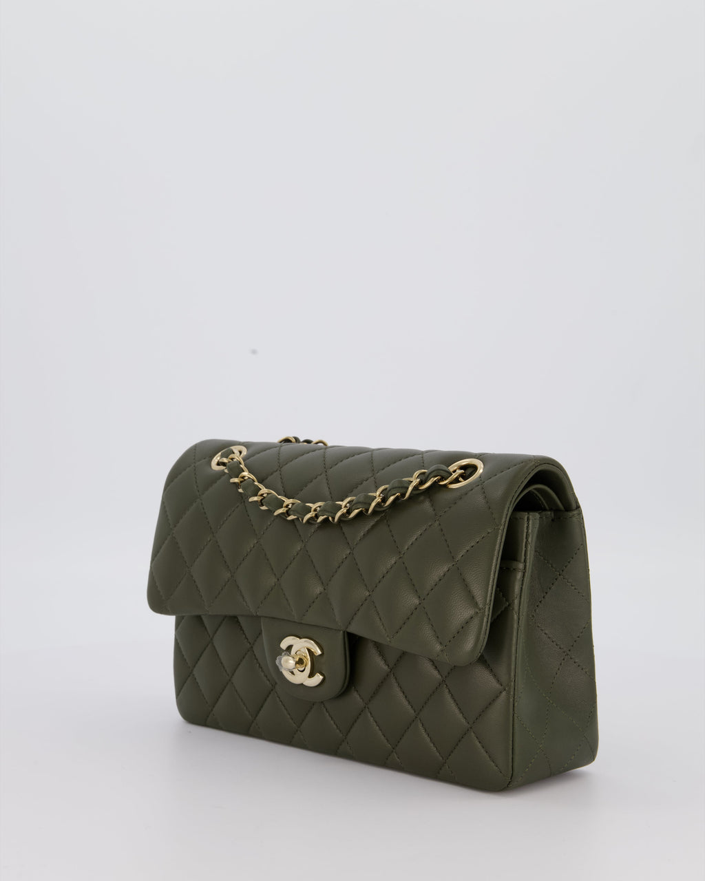 Chanel Olive Green Small Classic Double Flap Bag in Lambskin Leather with Champagne Gold Hardware