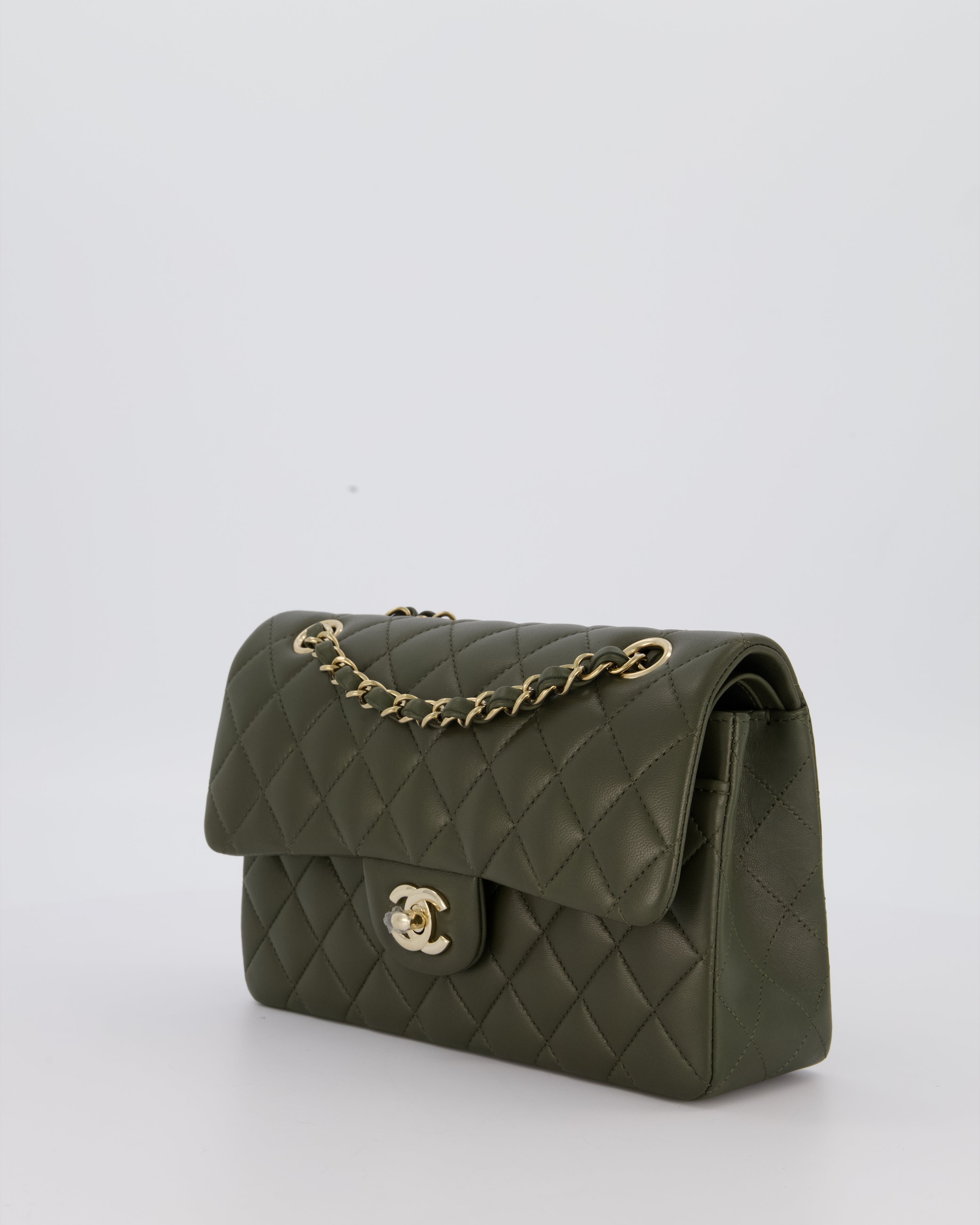 Chanel Olive Green Small Classic Double Flap Bag in Lambskin Leather with Champagne Gold Hardware