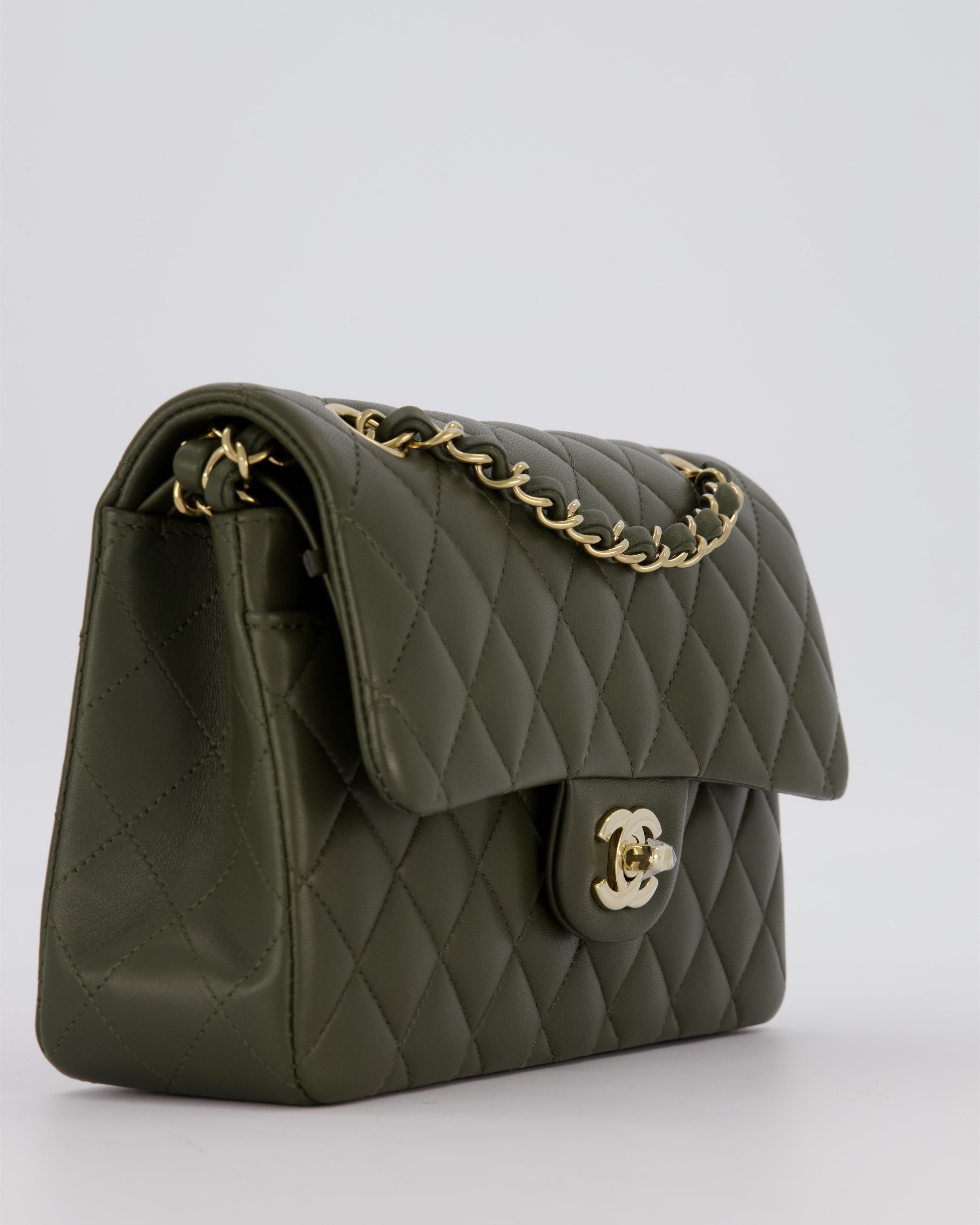 Chanel Olive Green Small Classic Double Flap Bag in Lambskin Leather with Champagne Gold Hardware