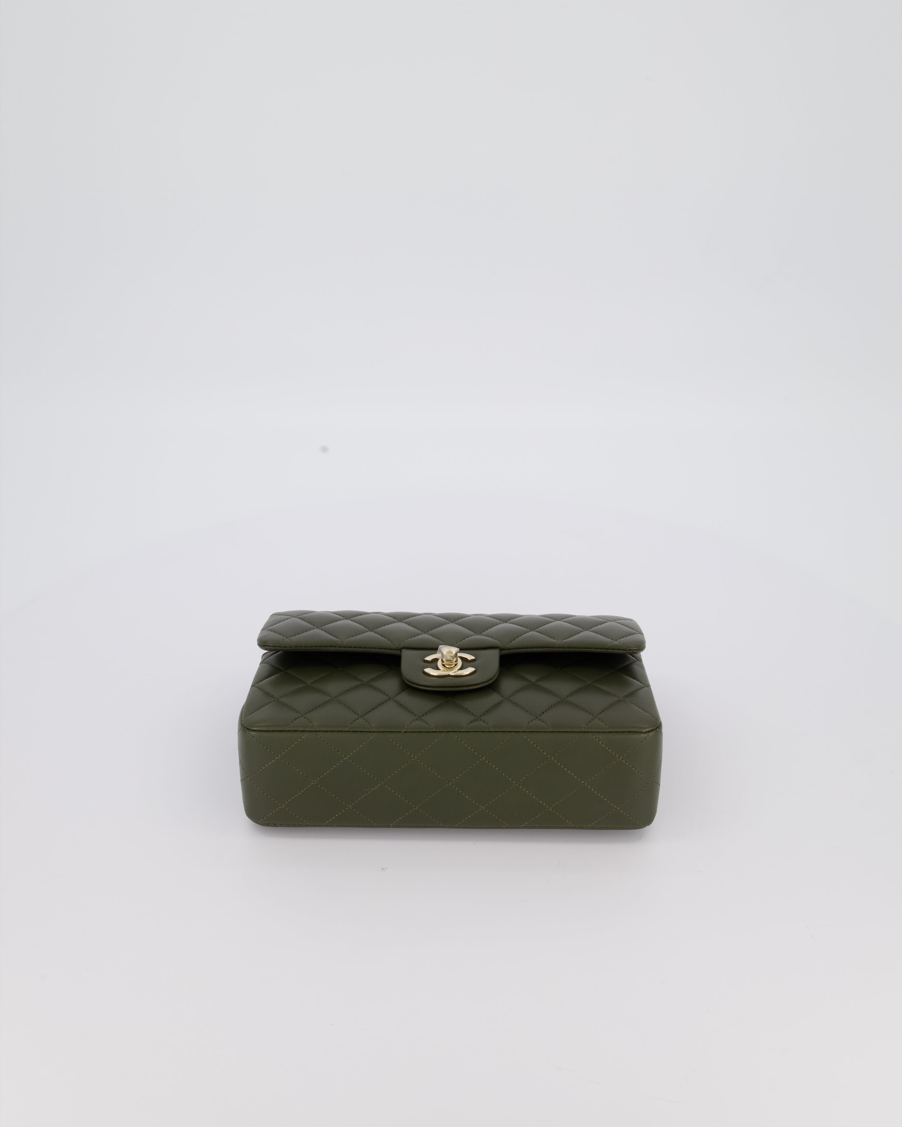 Chanel Olive Green Small Classic Double Flap Bag in Lambskin Leather with Champagne Gold Hardware