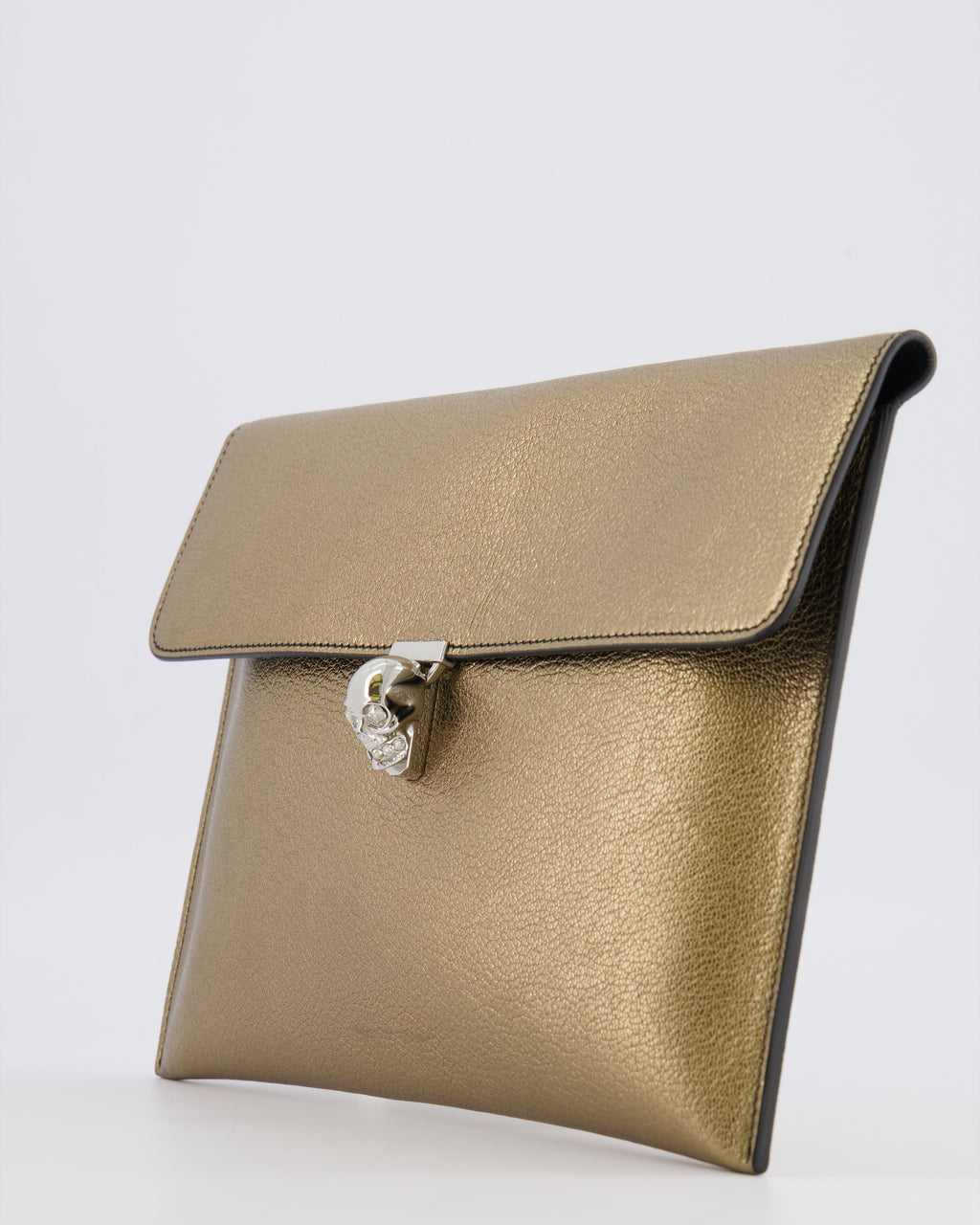 Alexander McQueen Gold Leather Envelope Clutch Bag with Crystal Skull Closure