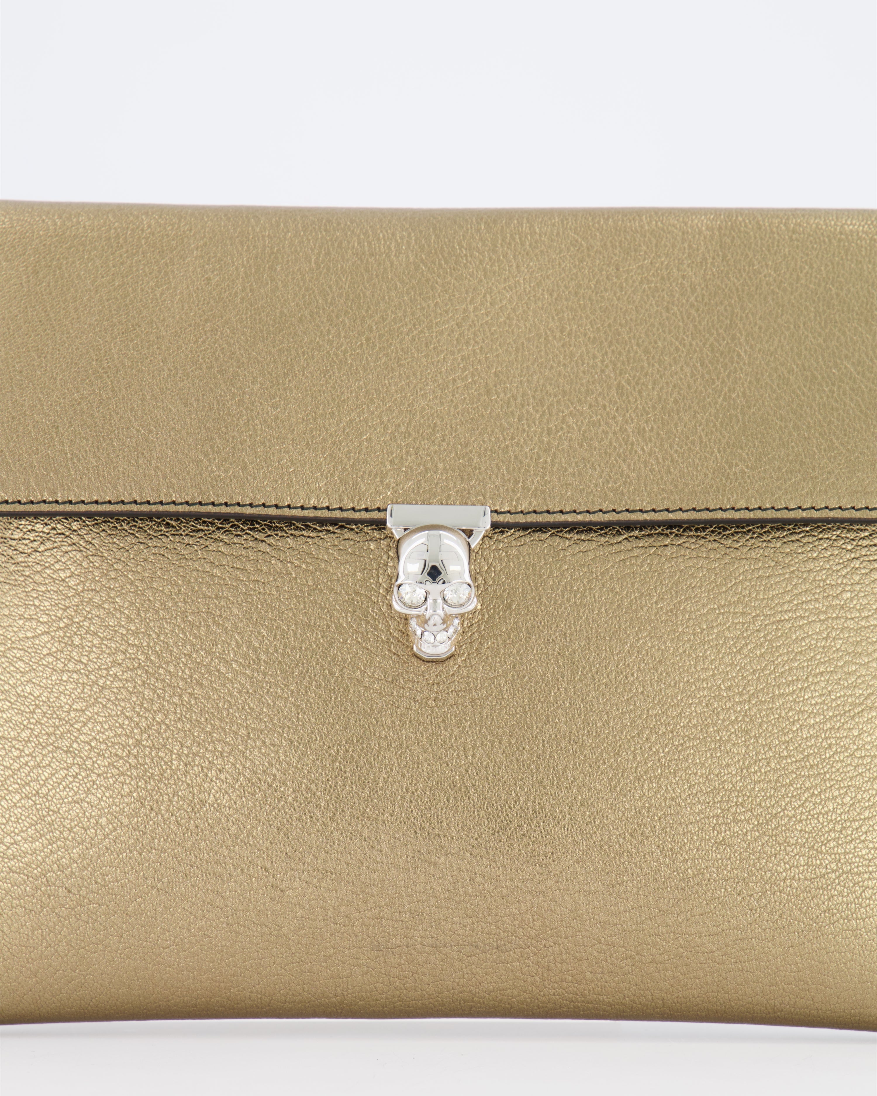 Alexander McQueen Gold Leather Envelope Clutch Bag with Crystal Skull Closure