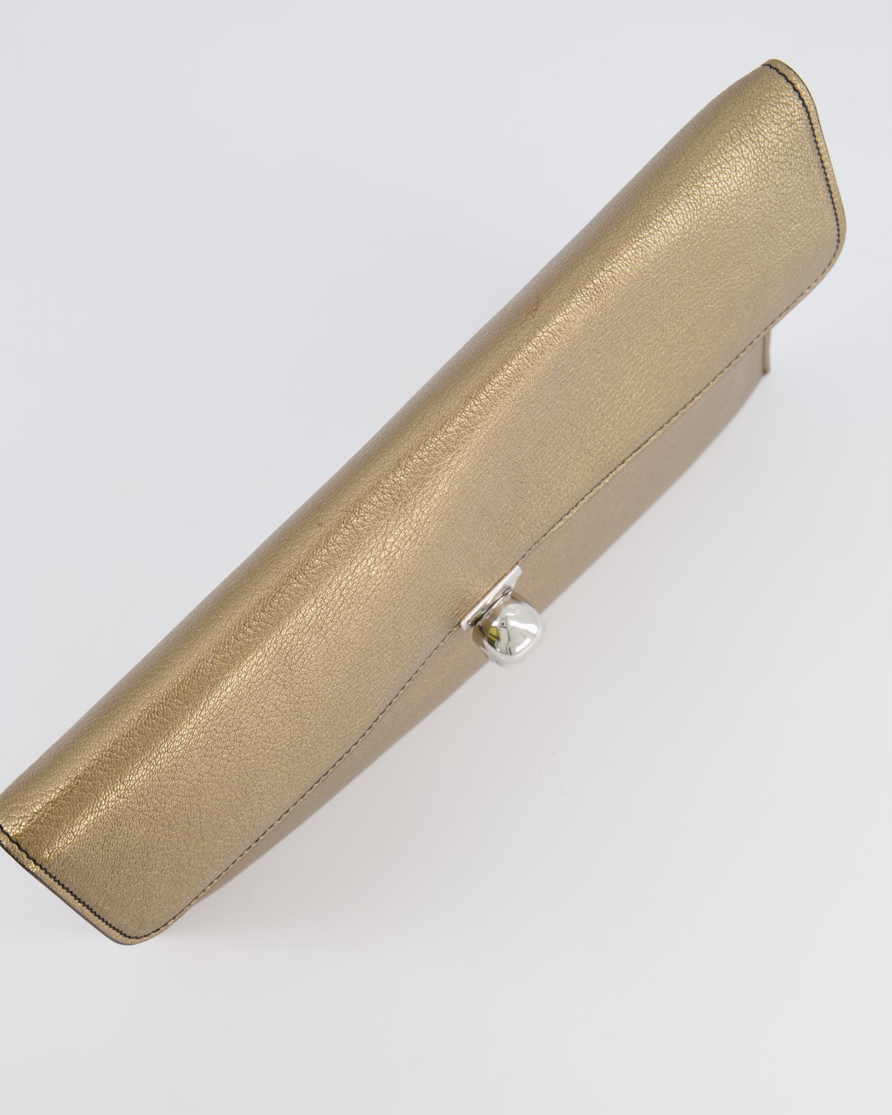 Alexander McQueen Gold Leather Envelope Clutch Bag with Crystal Skull Closure