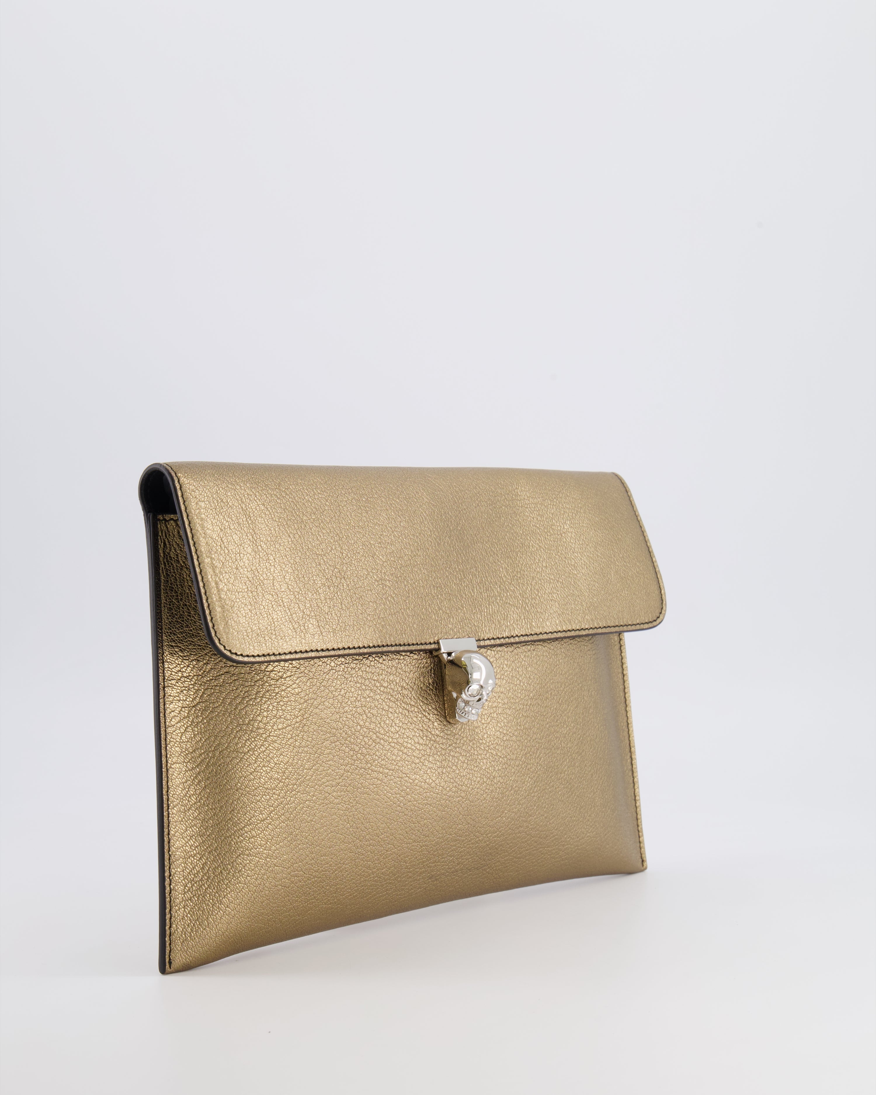 Alexander McQueen Gold Leather Envelope Clutch Bag with Crystal Skull Closure