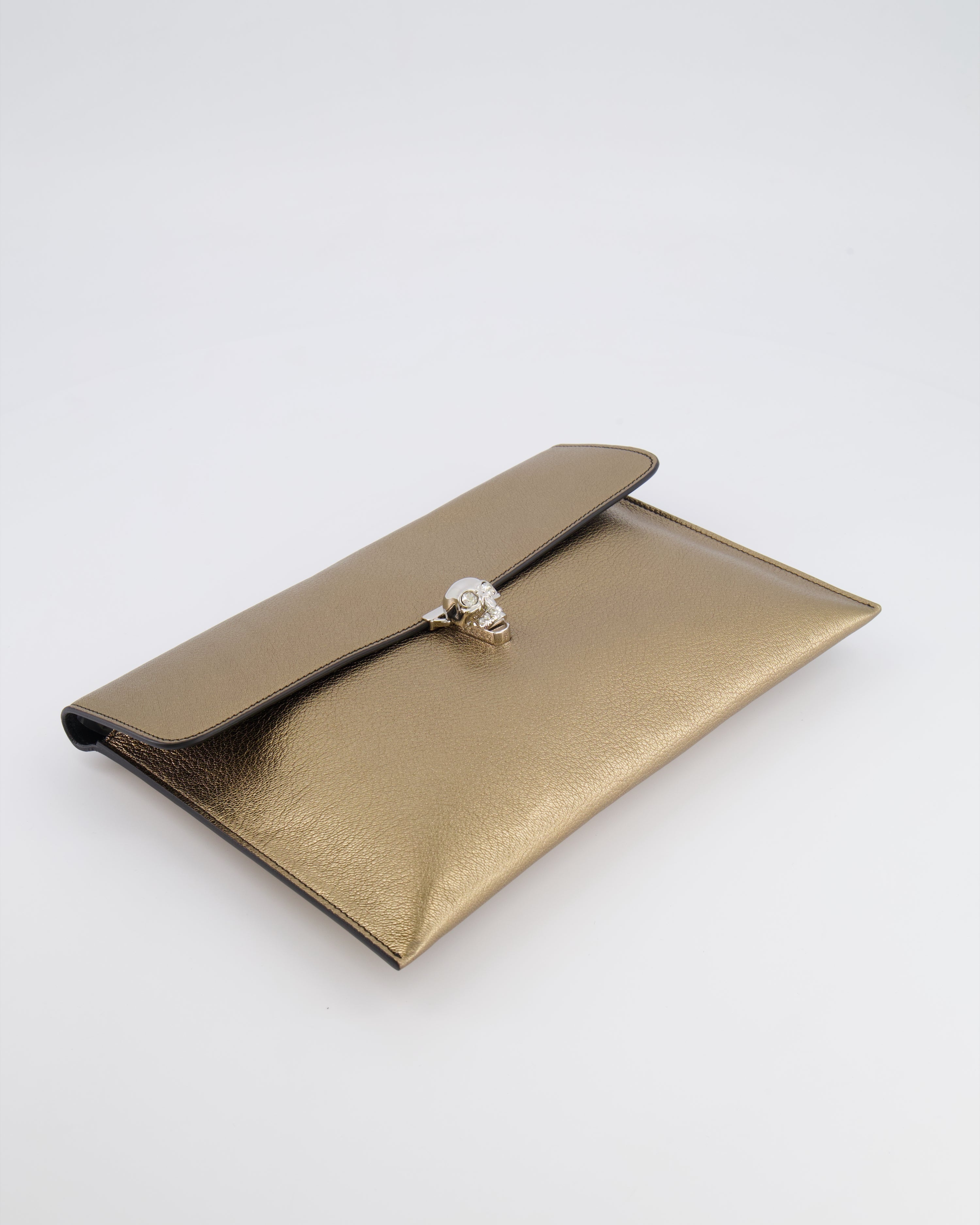 Alexander McQueen Gold Leather Envelope Clutch Bag with Crystal Skull Closure
