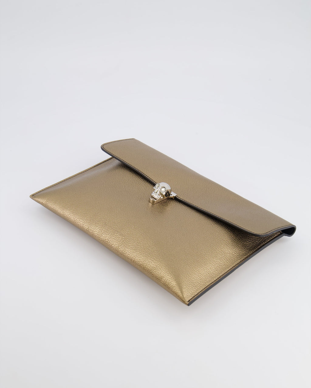 Alexander McQueen Gold Leather Envelope Clutch Bag with Crystal Skull Closure