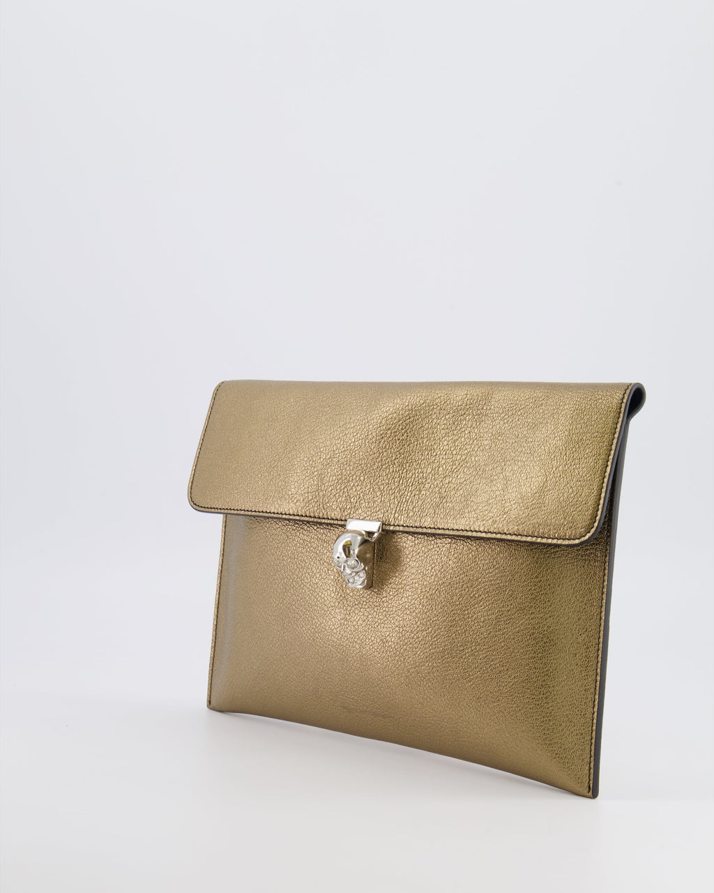 Alexander McQueen Gold Leather Envelope Clutch Bag with Crystal Skull Closure