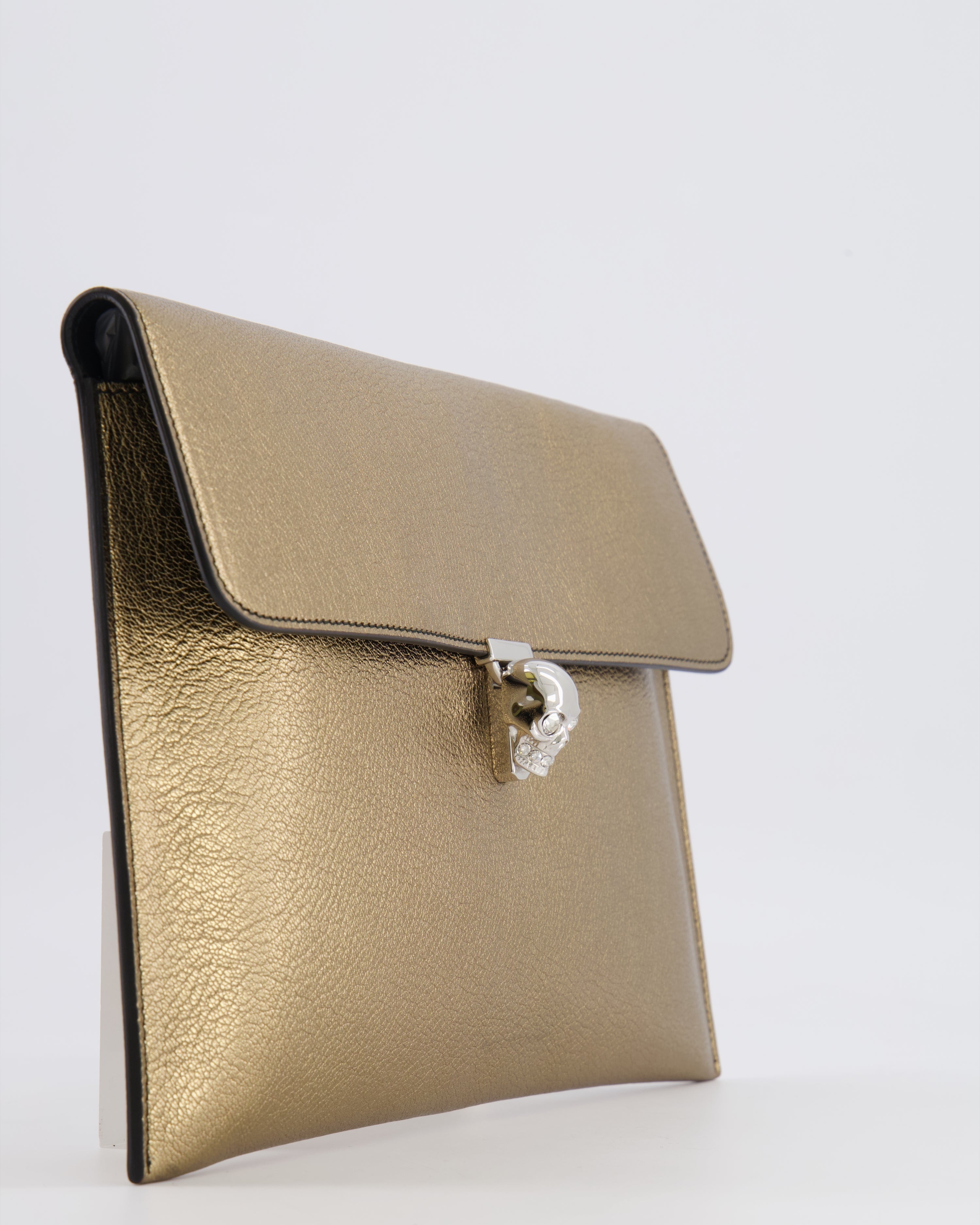 Alexander McQueen Gold Leather Envelope Clutch Bag with Crystal Skull Closure