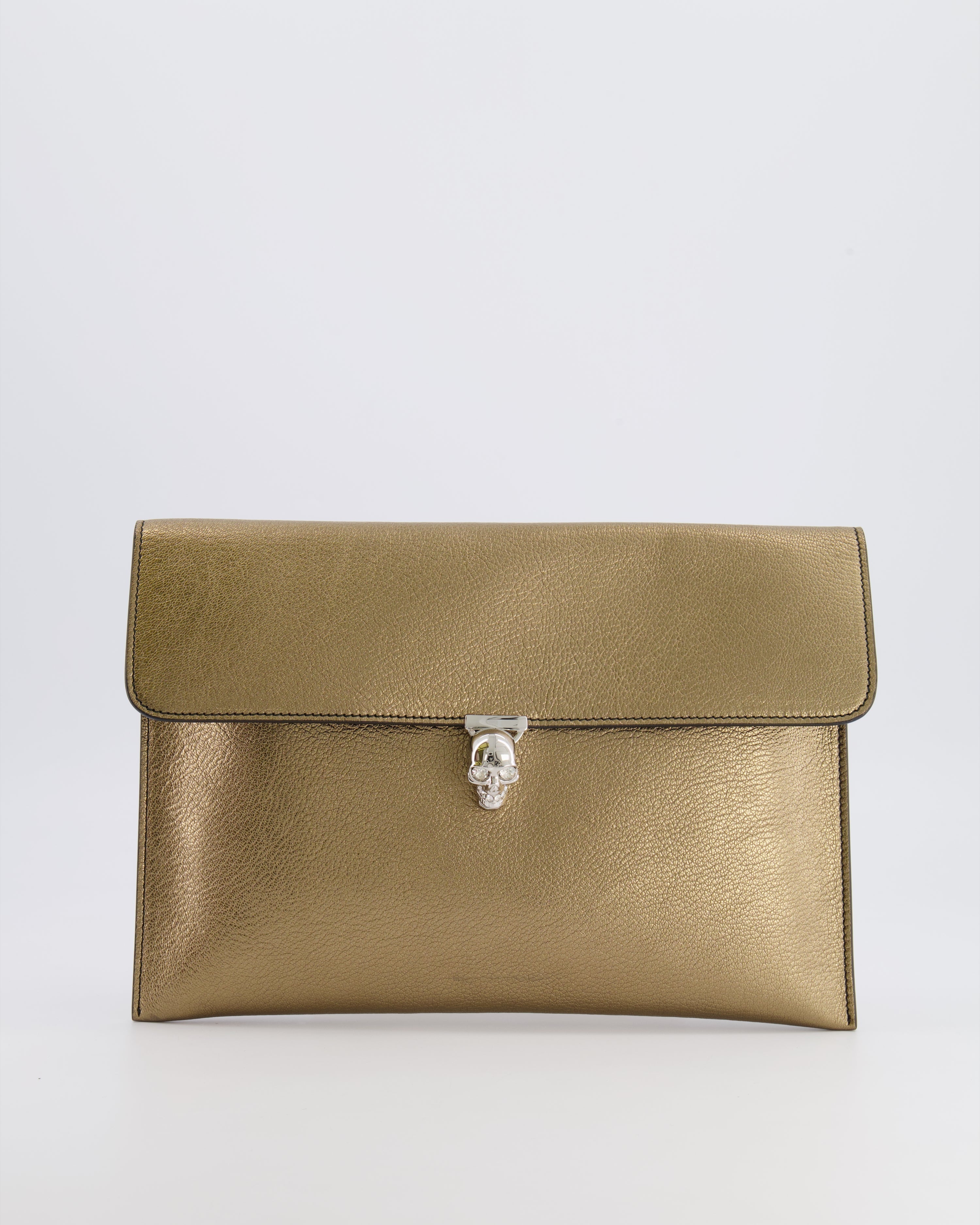 Alexander McQueen Gold Leather Envelope Clutch Bag with Crystal Skull Closure