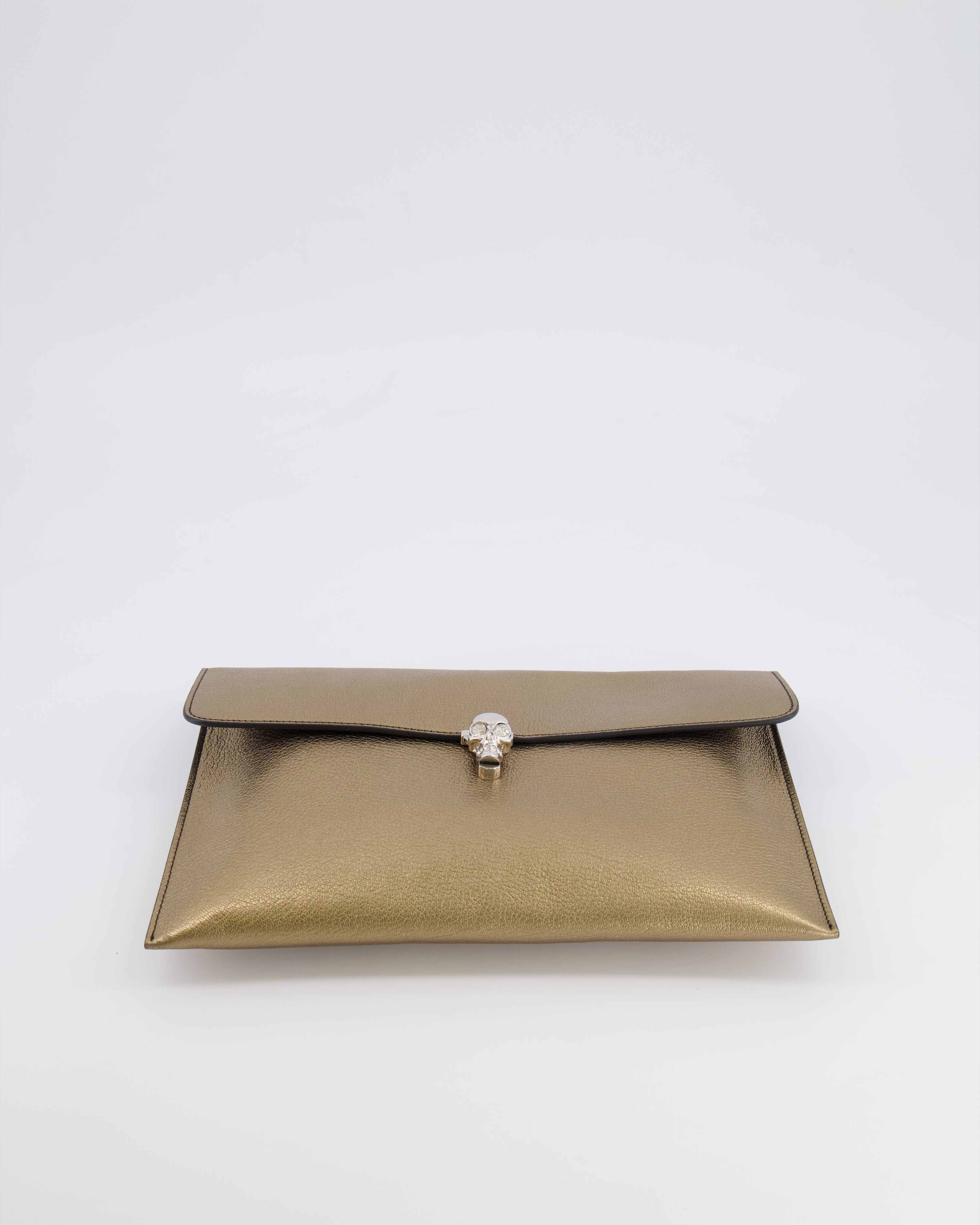 Alexander McQueen Gold Leather Envelope Clutch Bag with Crystal Skull Closure