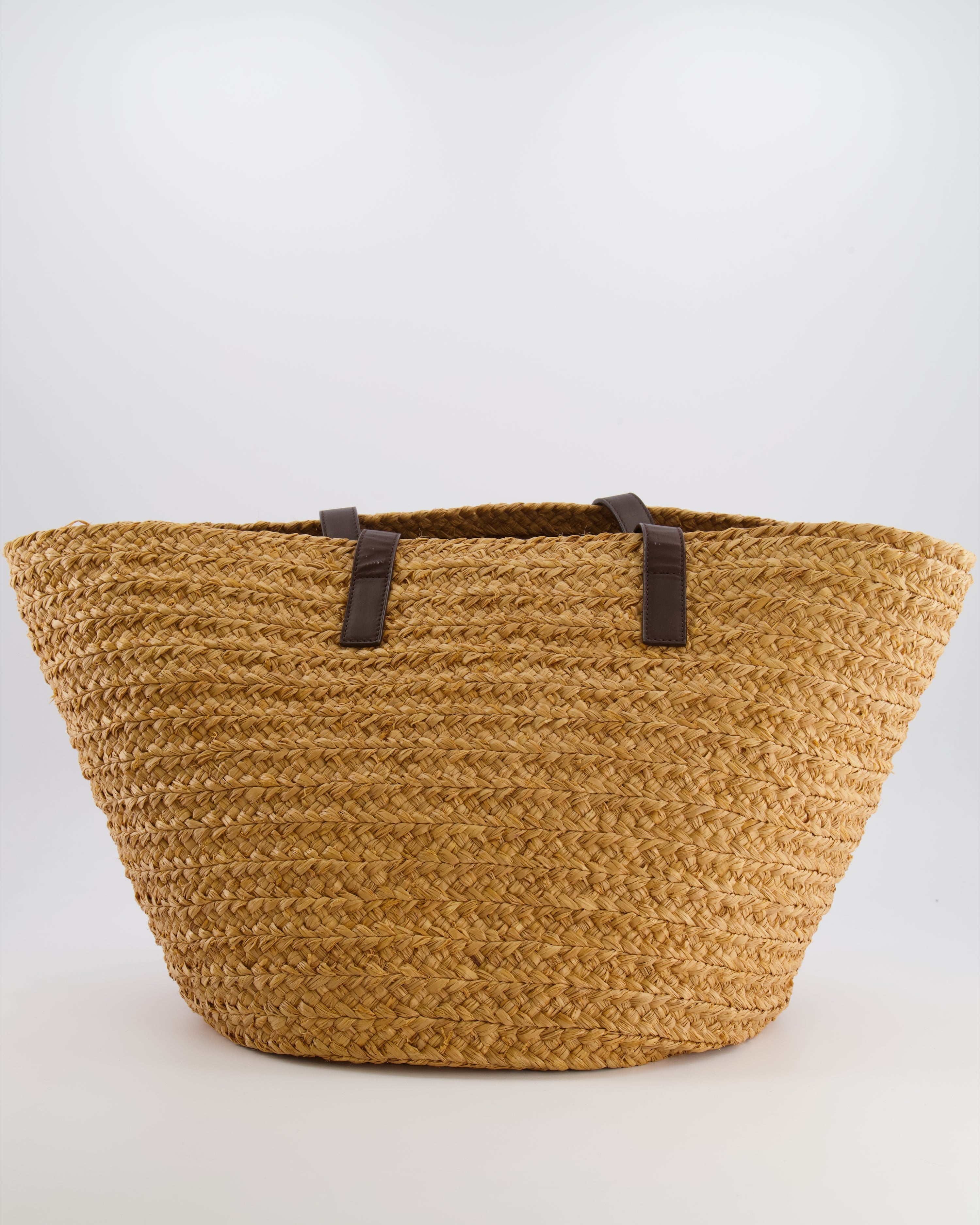 Saint Laurent Panier Tote Bag in Beige Raffia with Brown Leather Straps and Gold Hardware