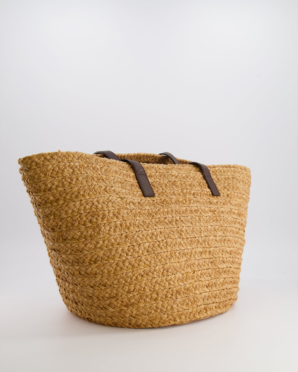 Saint Laurent Panier Tote Bag in Beige Raffia with Brown Leather Straps and Gold Hardware