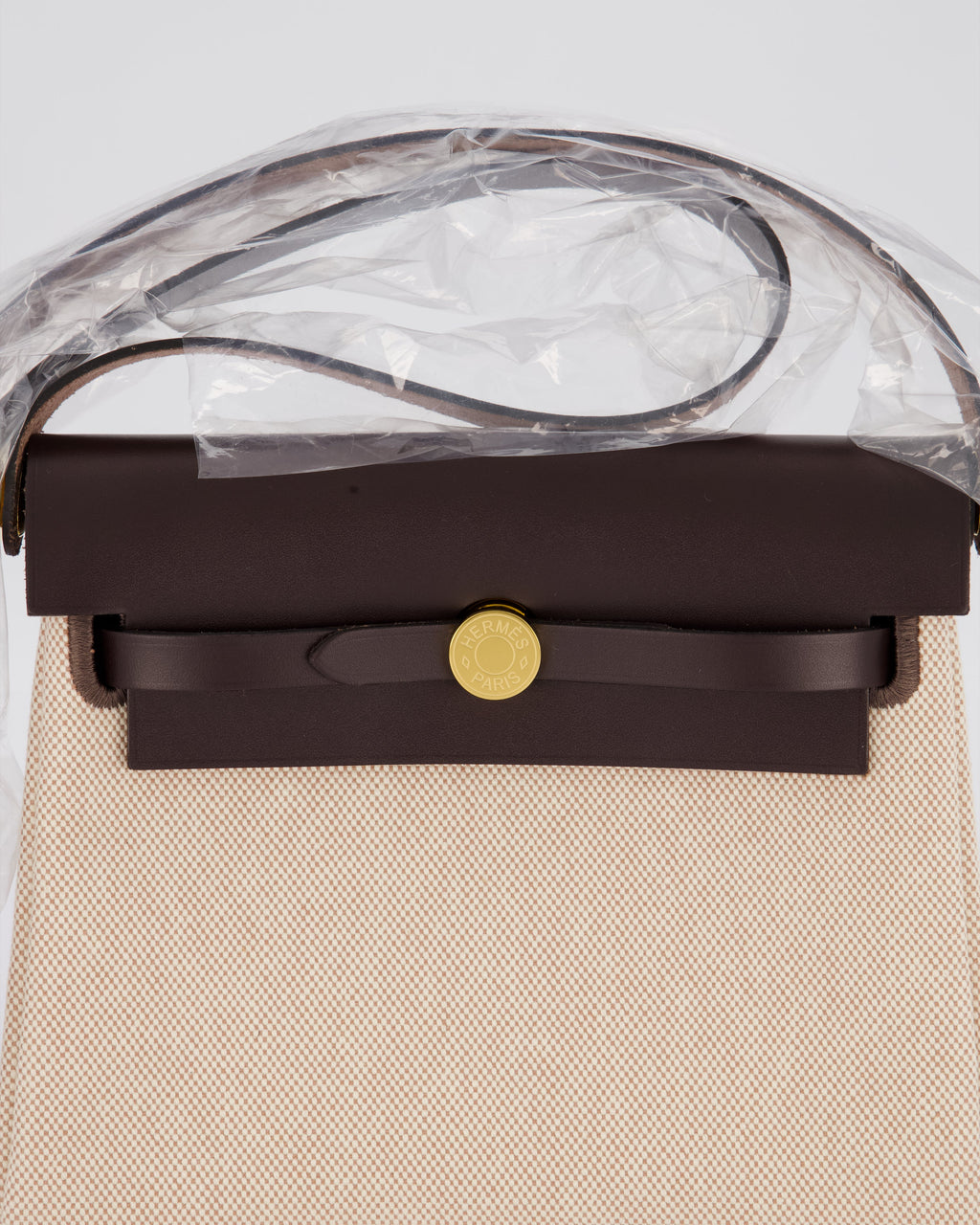 *HOT & RARE* Hermès Mini Herbag Zip 20 Bag in Ebene Vache Hunter Leather & Ecru/Beige Viking Canvas with Gold Hardware
