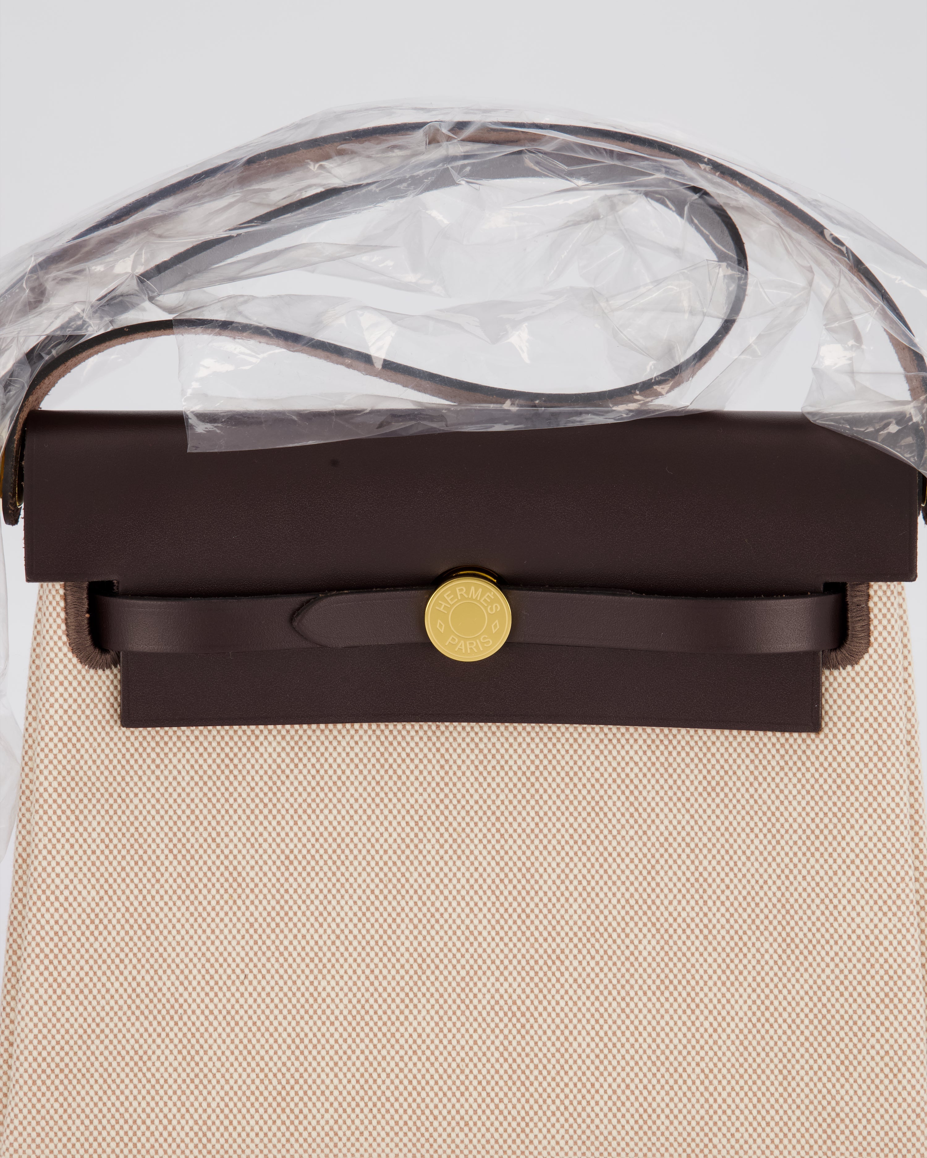 *HOT & RARE* Hermès Mini Herbag Zip 20 Bag in Ebene Vache Hunter Leather & Ecru/Beige Viking Canvas with Gold Hardware