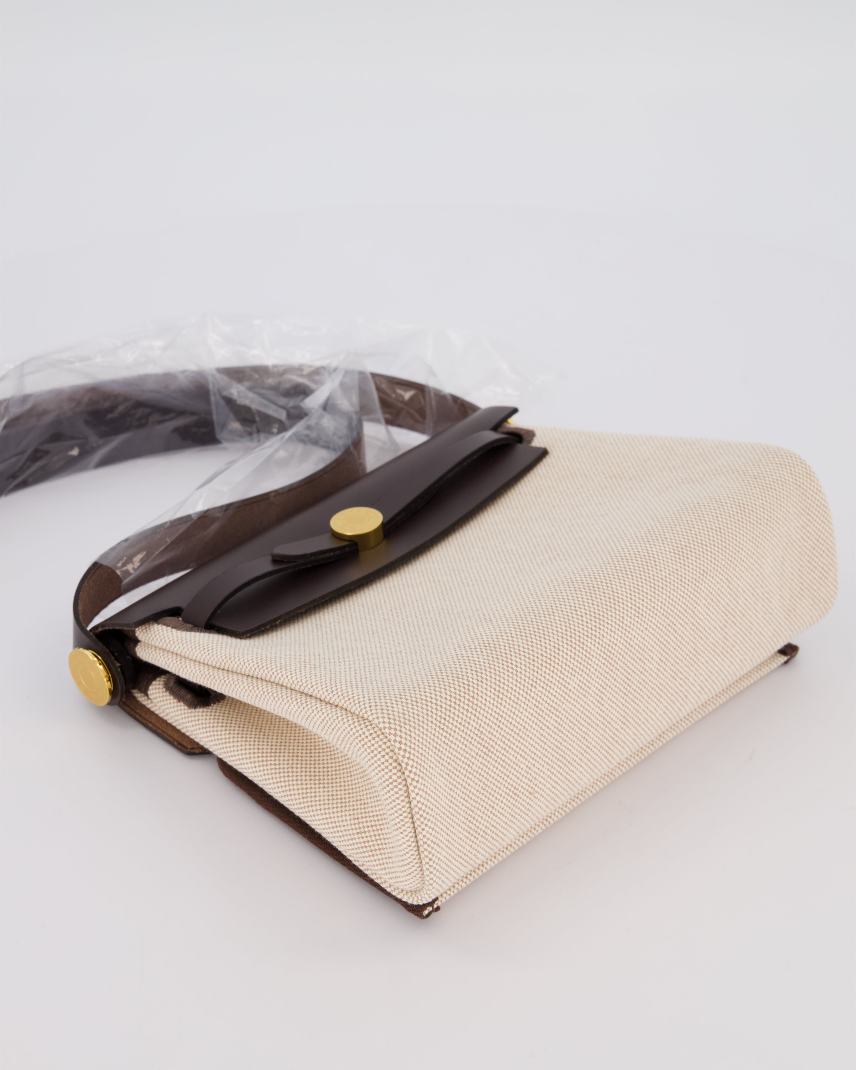 *HOT & RARE* Hermès Mini Herbag Zip 20 Bag in Ebene Vache Hunter Leather & Ecru/Beige Viking Canvas with Gold Hardware