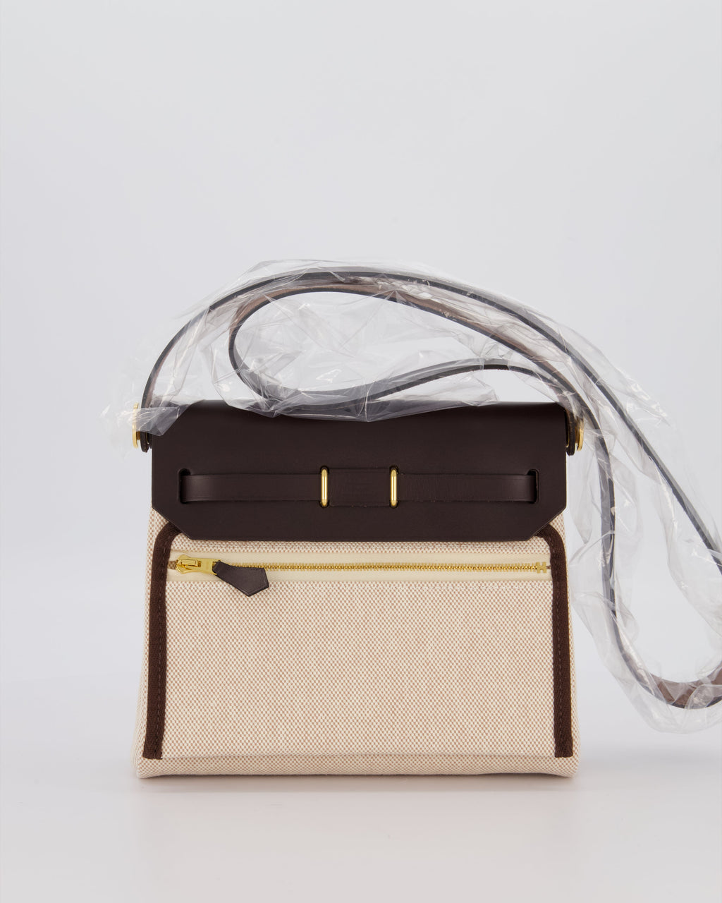 *HOT & RARE* Hermès Mini Herbag Zip 20 Bag in Ebene Vache Hunter Leather & Ecru/Beige Viking Canvas with Gold Hardware