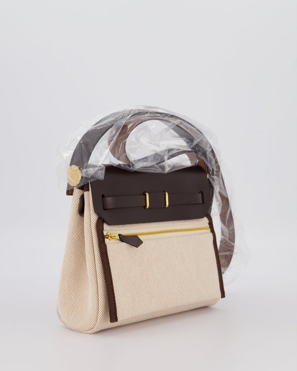 *HOT & RARE* Hermès Mini Herbag Zip 20 Bag in Ebene Vache Hunter Leather & Ecru/Beige Viking Canvas with Gold Hardware