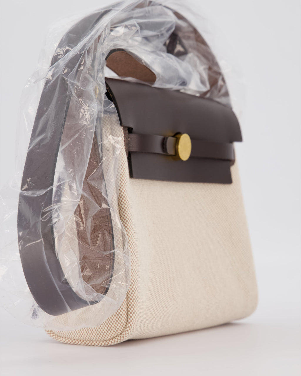 *HOT & RARE* Hermès Mini Herbag Zip 20 Bag in Ebene Vache Hunter Leather & Ecru/Beige Viking Canvas with Gold Hardware