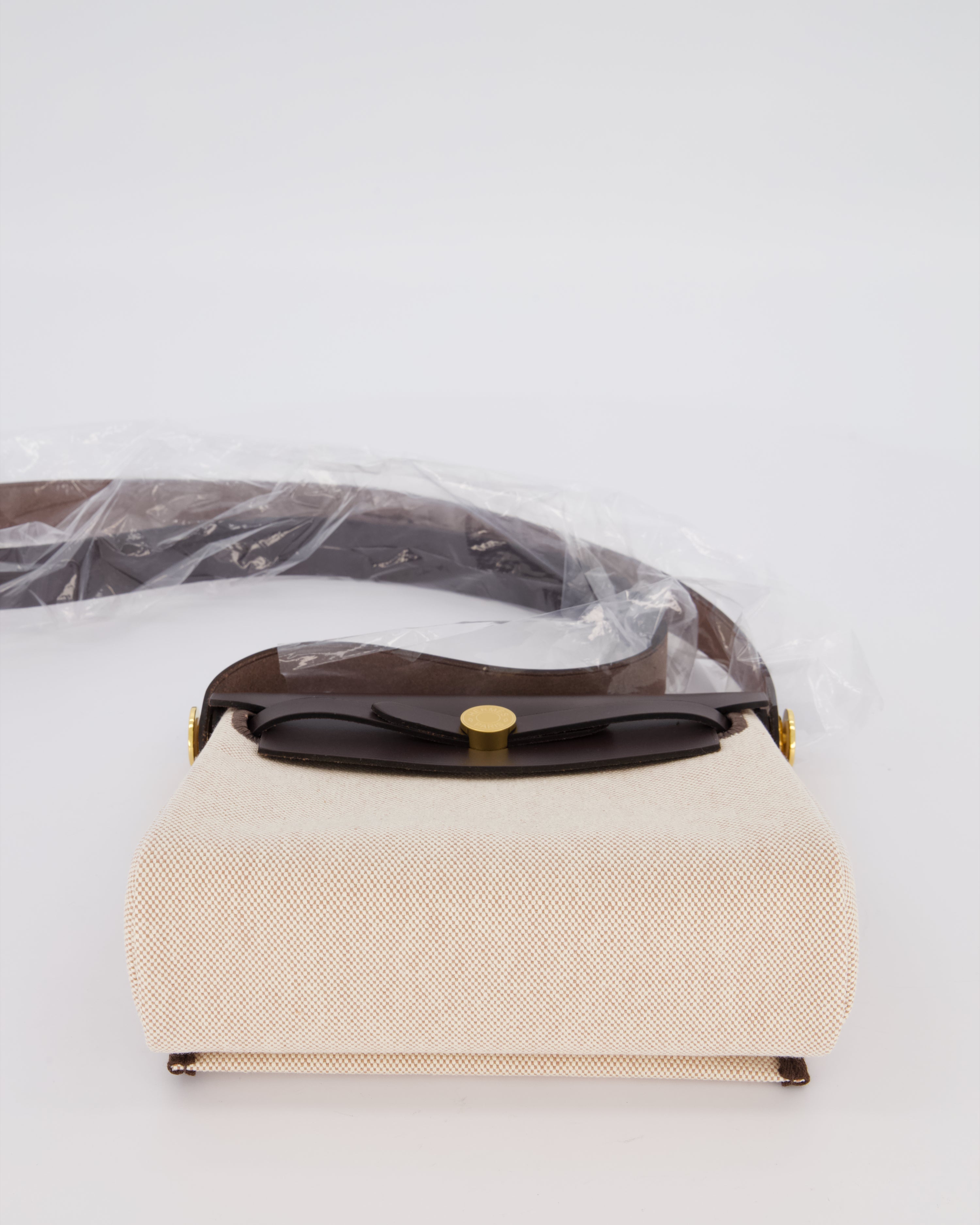 *HOT & RARE* Hermès Mini Herbag Zip 20 Bag in Ebene Vache Hunter Leather & Ecru/Beige Viking Canvas with Gold Hardware