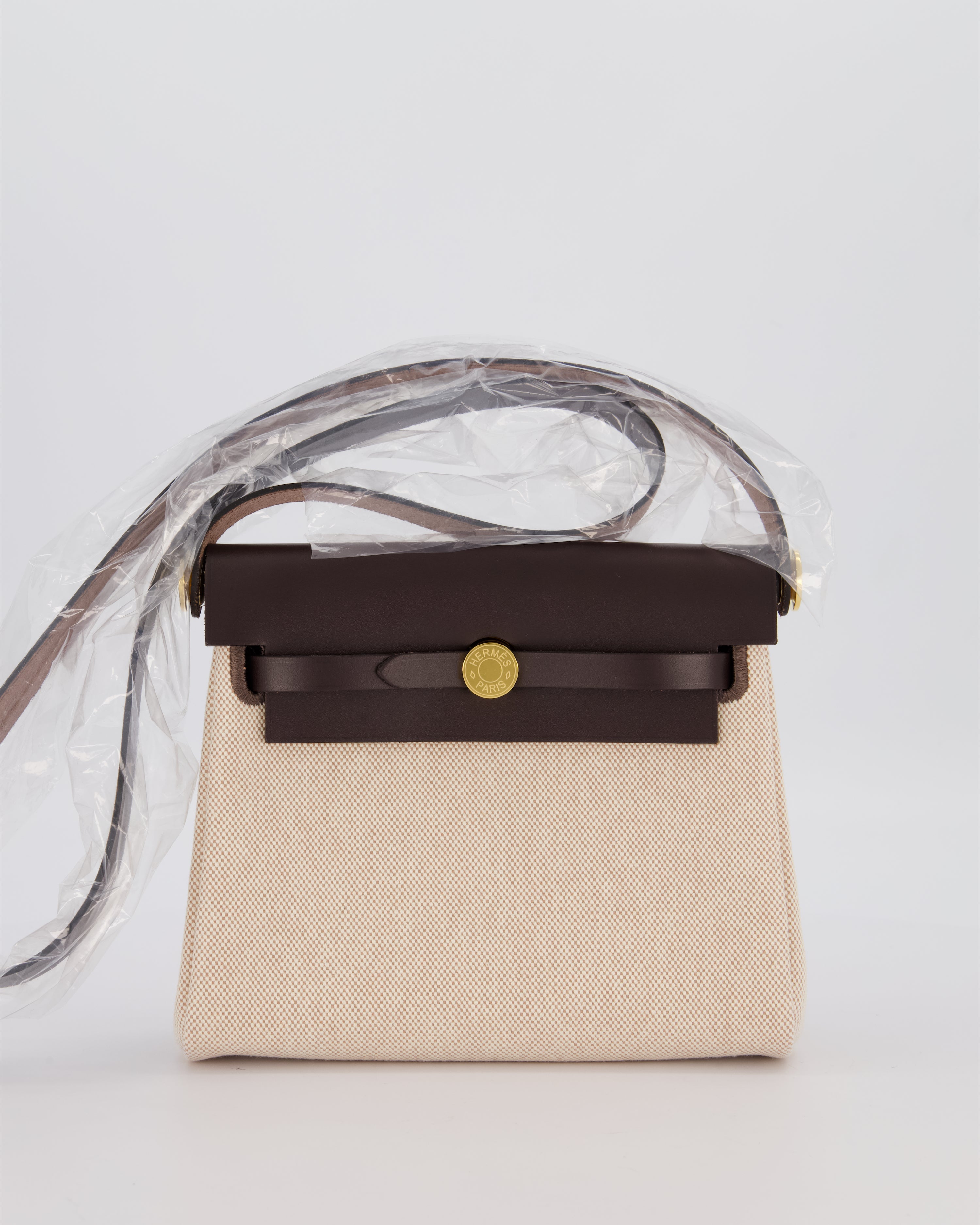 *HOT & RARE* Hermès Mini Herbag Zip 20 Bag in Ebene Vache Hunter Leather & Ecru/Beige Viking Canvas with Gold Hardware