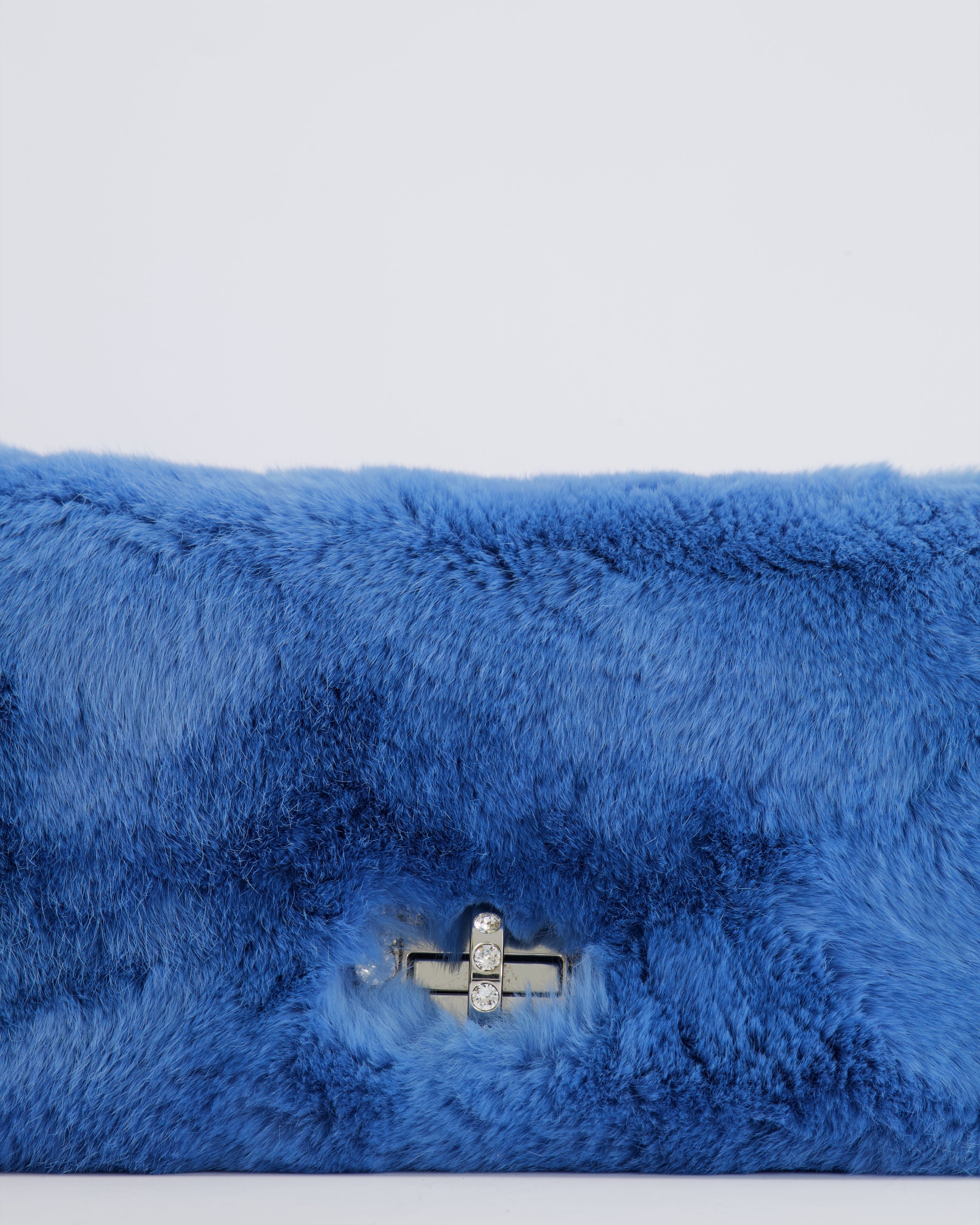 Miu Miu Blue Rabbit Fur Bag with Crystal Chain Strap and Silver Hardware