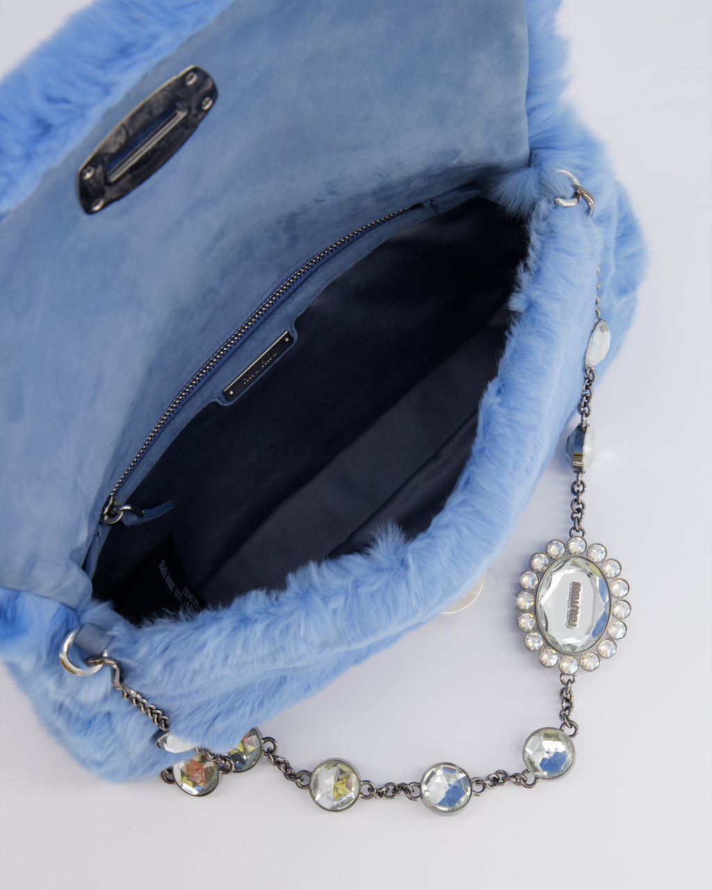 Miu Miu Blue Rabbit Fur Bag with Crystal Chain Strap and Silver Hardware