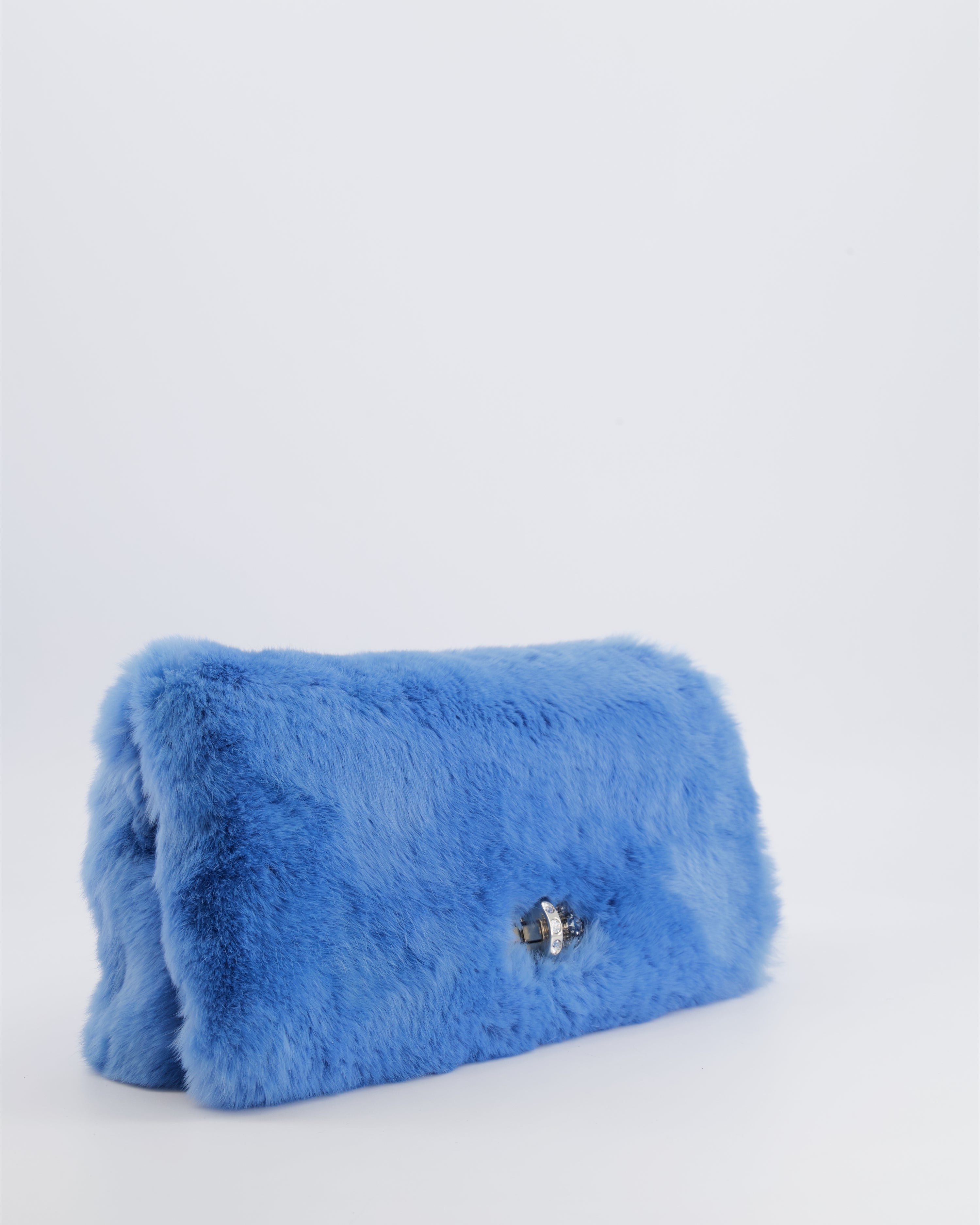Miu Miu Blue Rabbit Fur Bag with Crystal Chain Strap and Silver Hardware