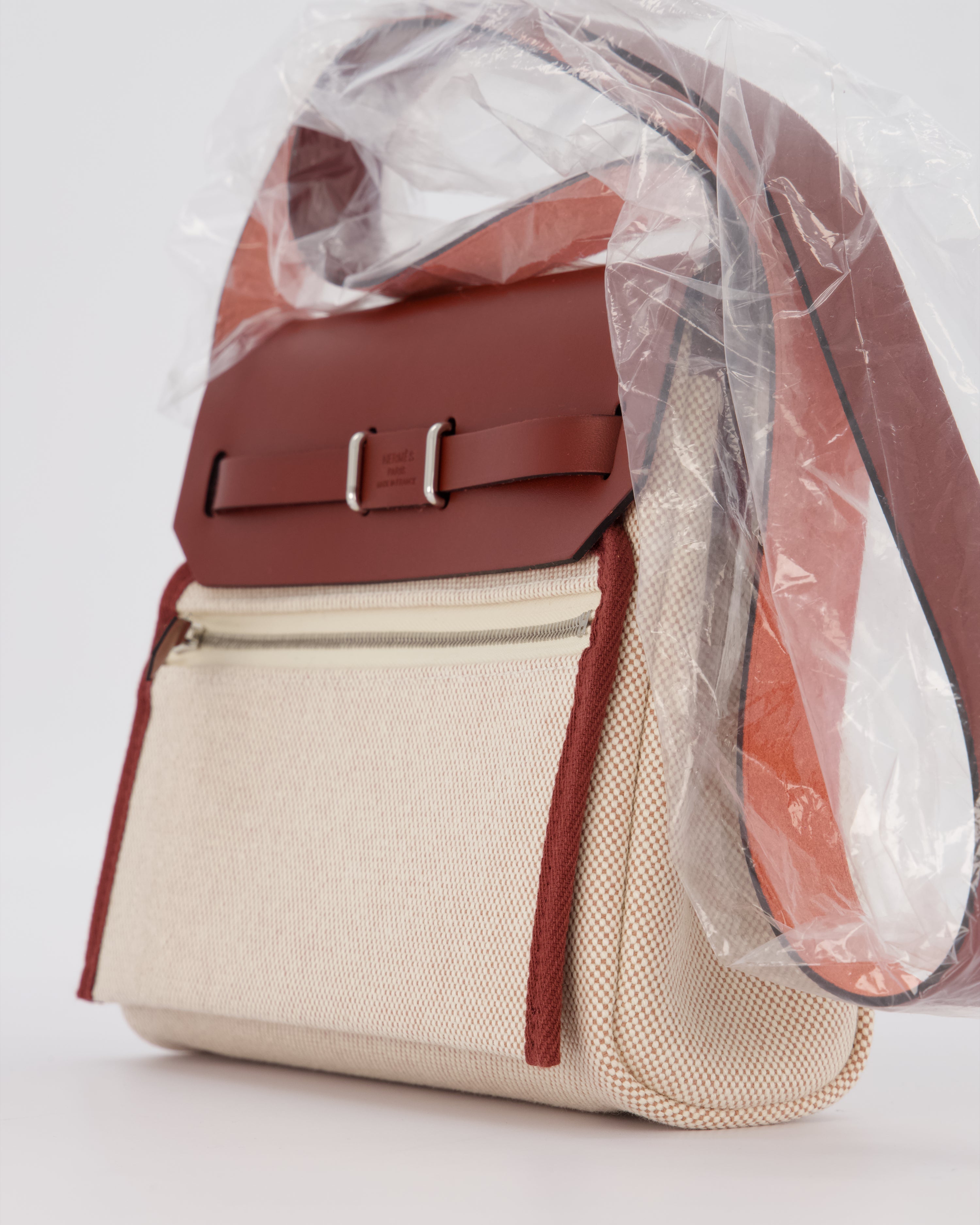 *HOT & RARE* Hermès Mini Herbag Zip 20 Bag in Rouge H Vache Hunter Leather & Ecru/Beige Viking Canvas with Palladium Hardware