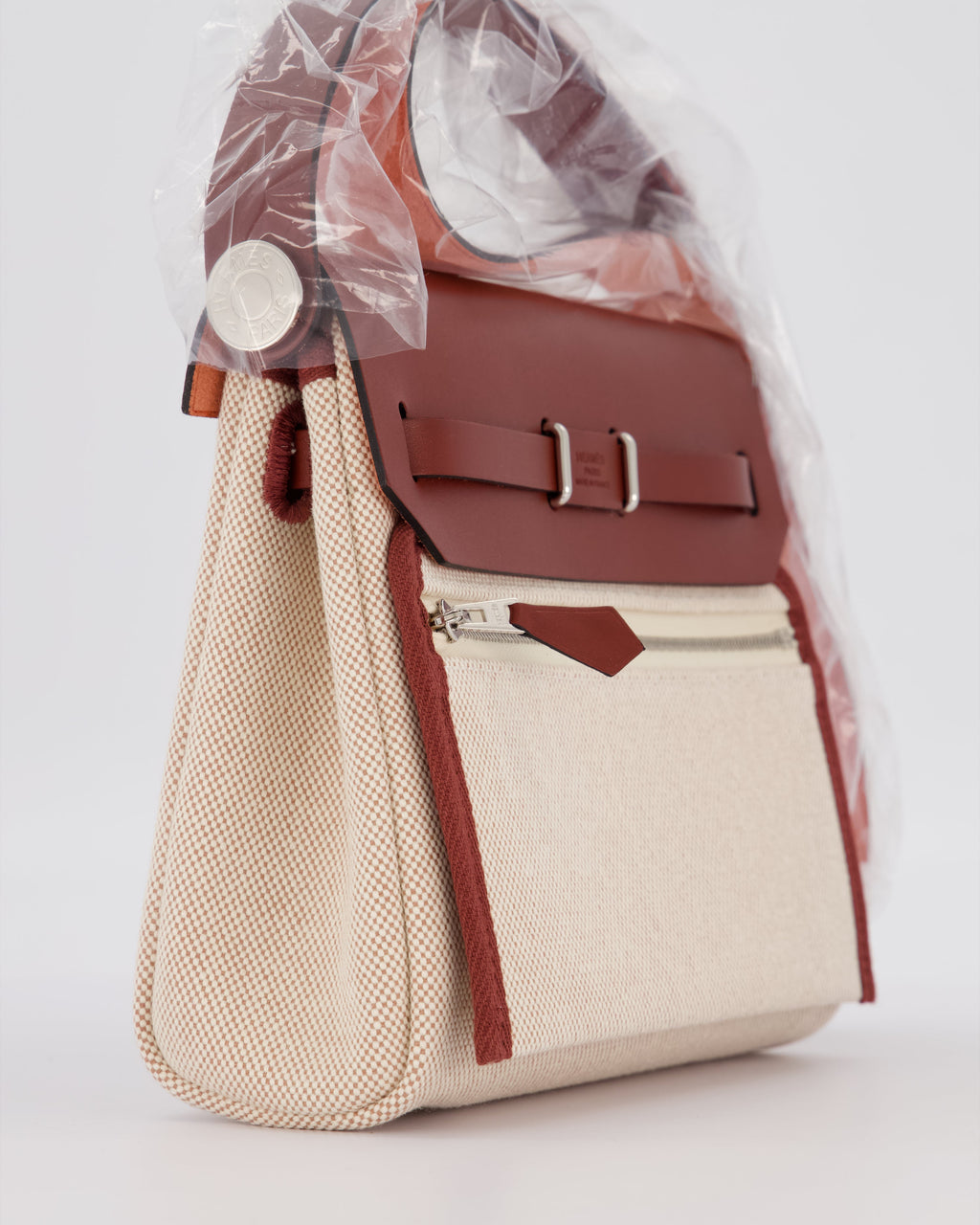 *HOT & RARE* Hermès Mini Herbag Zip 20 Bag in Rouge H Vache Hunter Leather & Ecru/Beige Viking Canvas with Palladium Hardware