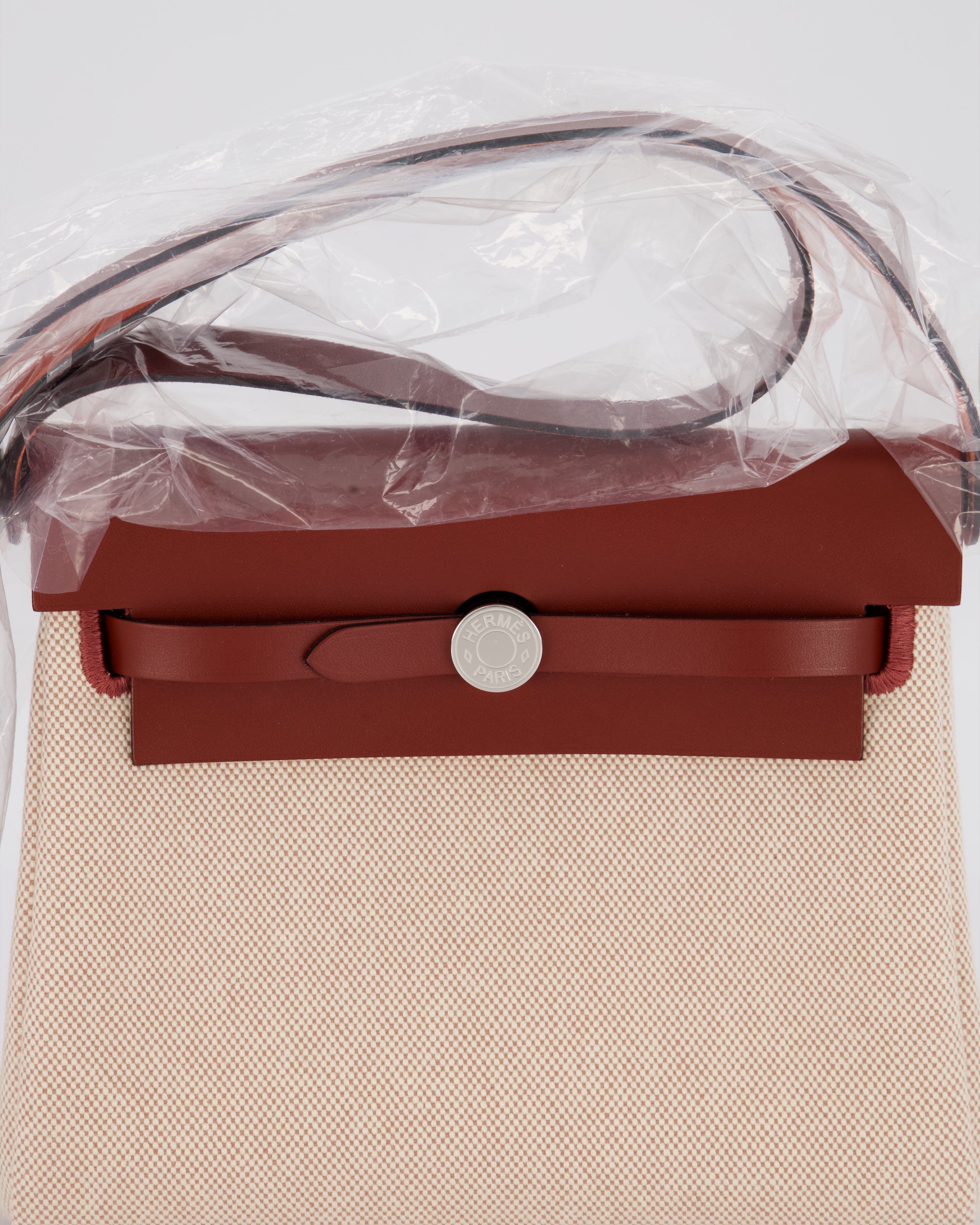 *HOT & RARE* Hermès Mini Herbag Zip 20 Bag in Rouge H Vache Hunter Leather & Ecru/Beige Viking Canvas with Palladium Hardware