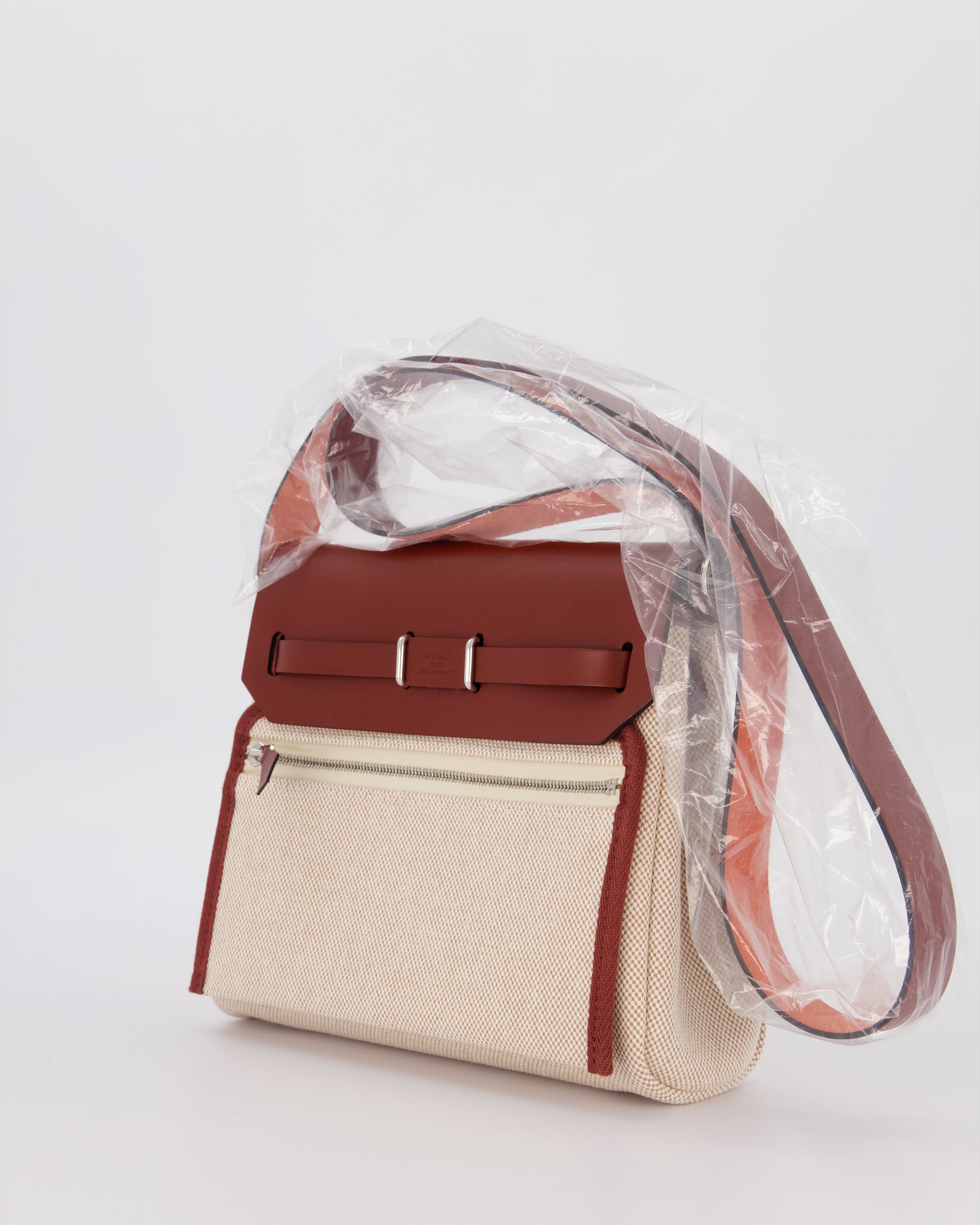 *HOT & RARE* Hermès Mini Herbag Zip 20 Bag in Rouge H Vache Hunter Leather & Ecru/Beige Viking Canvas with Palladium Hardware