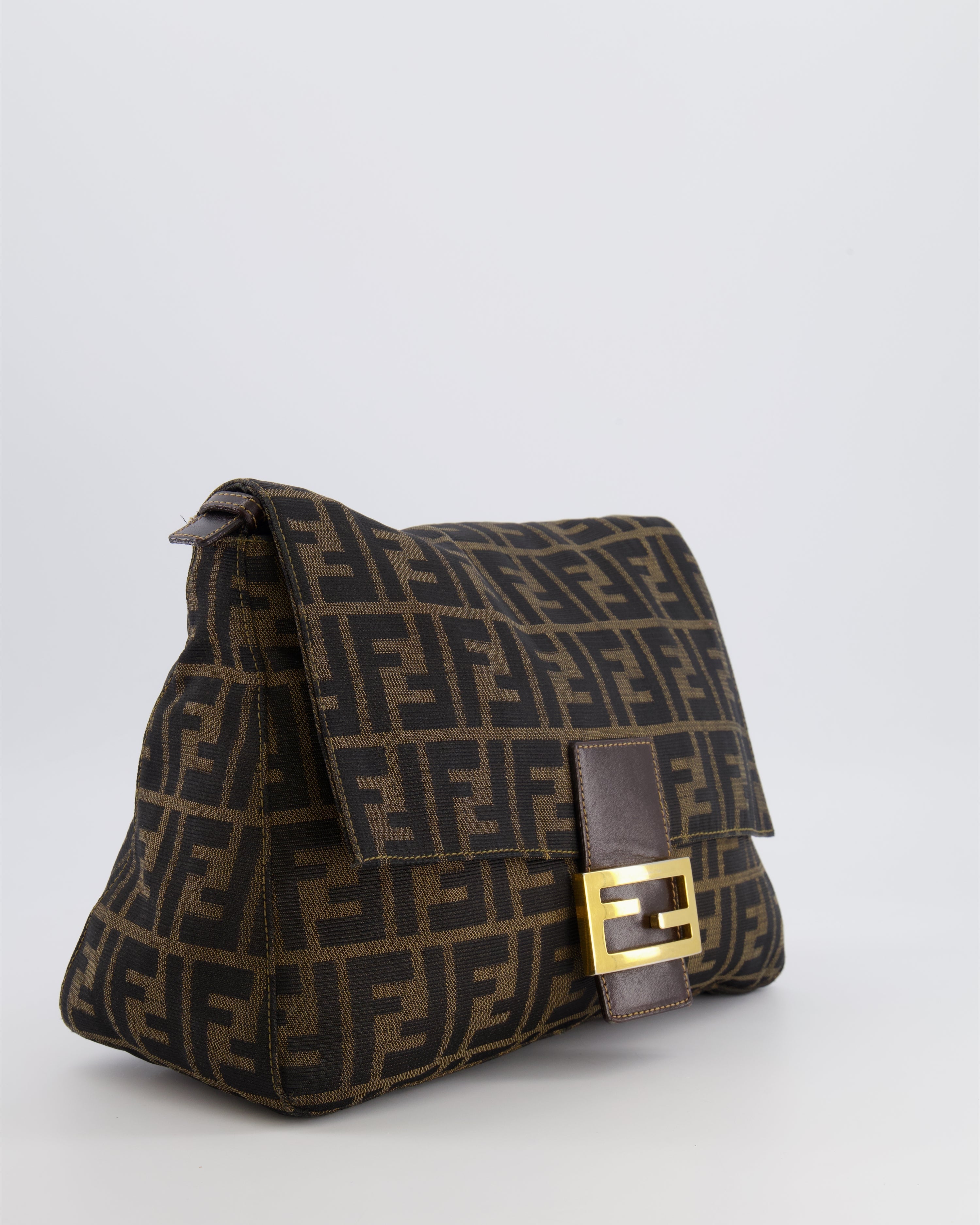 Fendi Vintage Zucca Mamma Baguette Bag in Brown Monogram Canvas and Leather with Gold Hardware