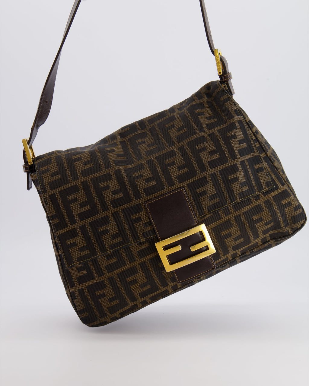 Fendi Vintage Zucca Mamma Baguette Bag in Brown Monogram Canvas and Leather with Gold Hardware
