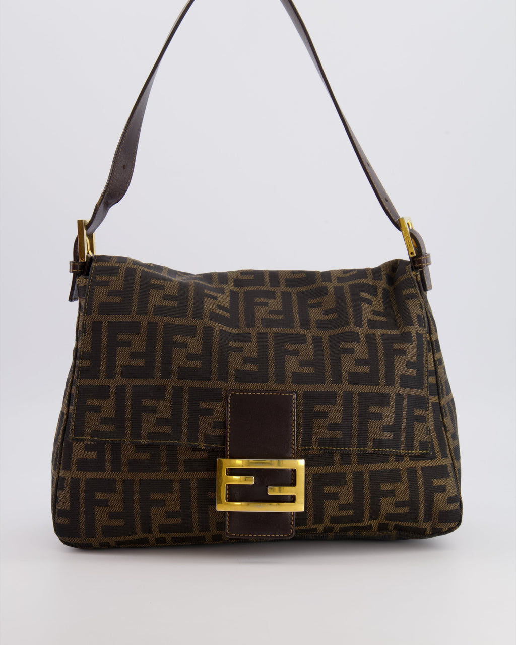 Fendi Vintage Zucca Mamma Baguette Bag in Brown Monogram Canvas and Leather with Gold Hardware