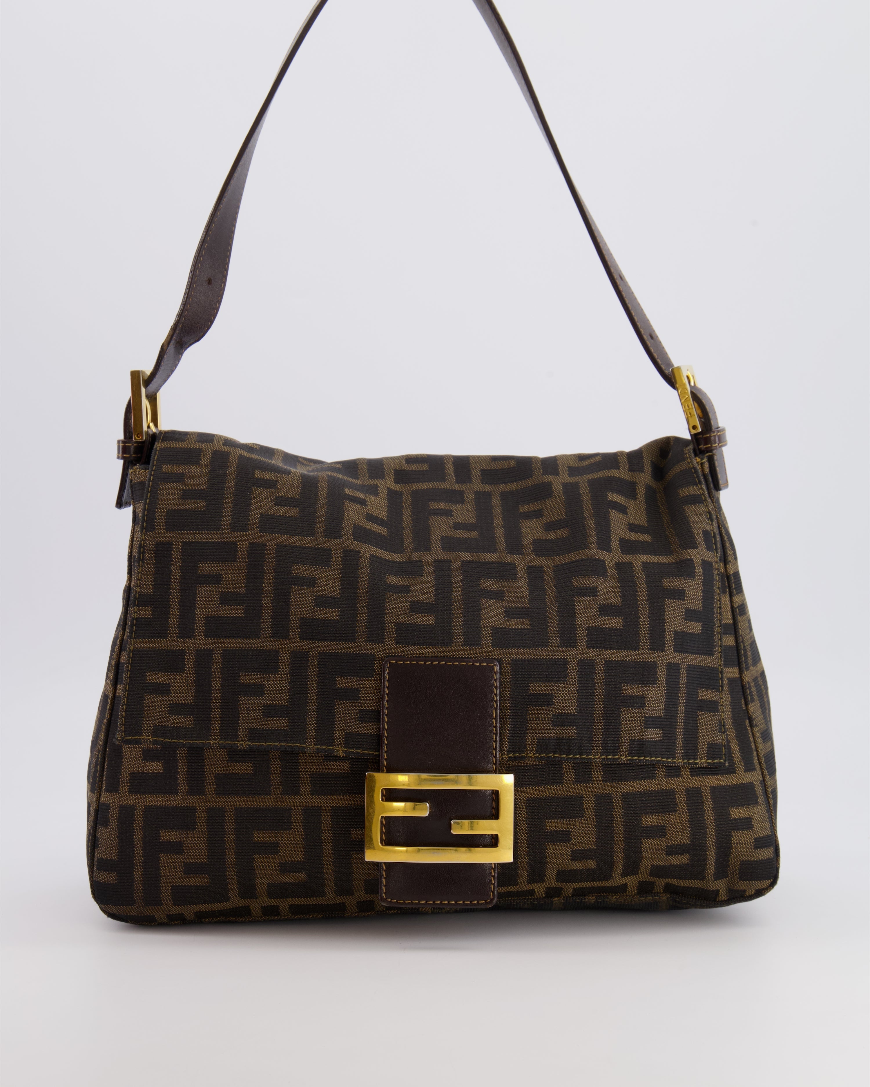 Fendi Vintage Zucca Mamma Baguette Bag in Brown Monogram Canvas and Leather with Gold Hardware