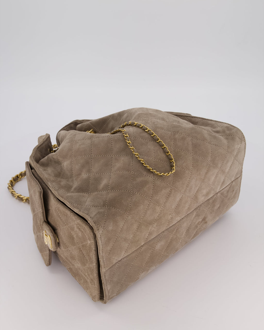 Chanel Taupe 25 Medium Handbag in Suede Calfskin Leather with Champagne Gold Hardware