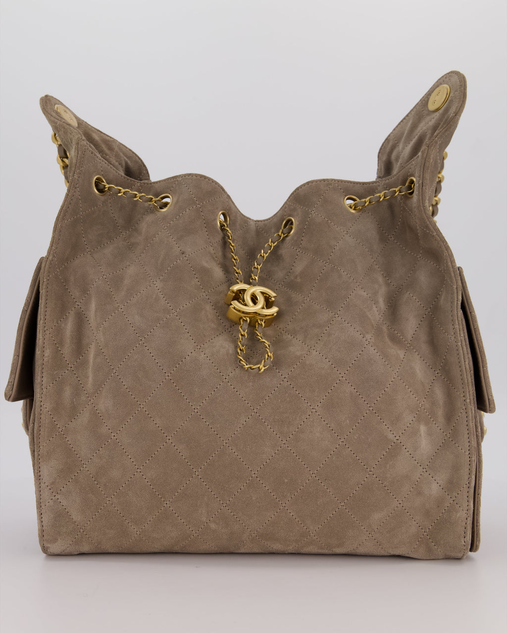 Chanel Taupe 25 Medium Handbag in Suede Calfskin Leather with Champagne Gold Hardware