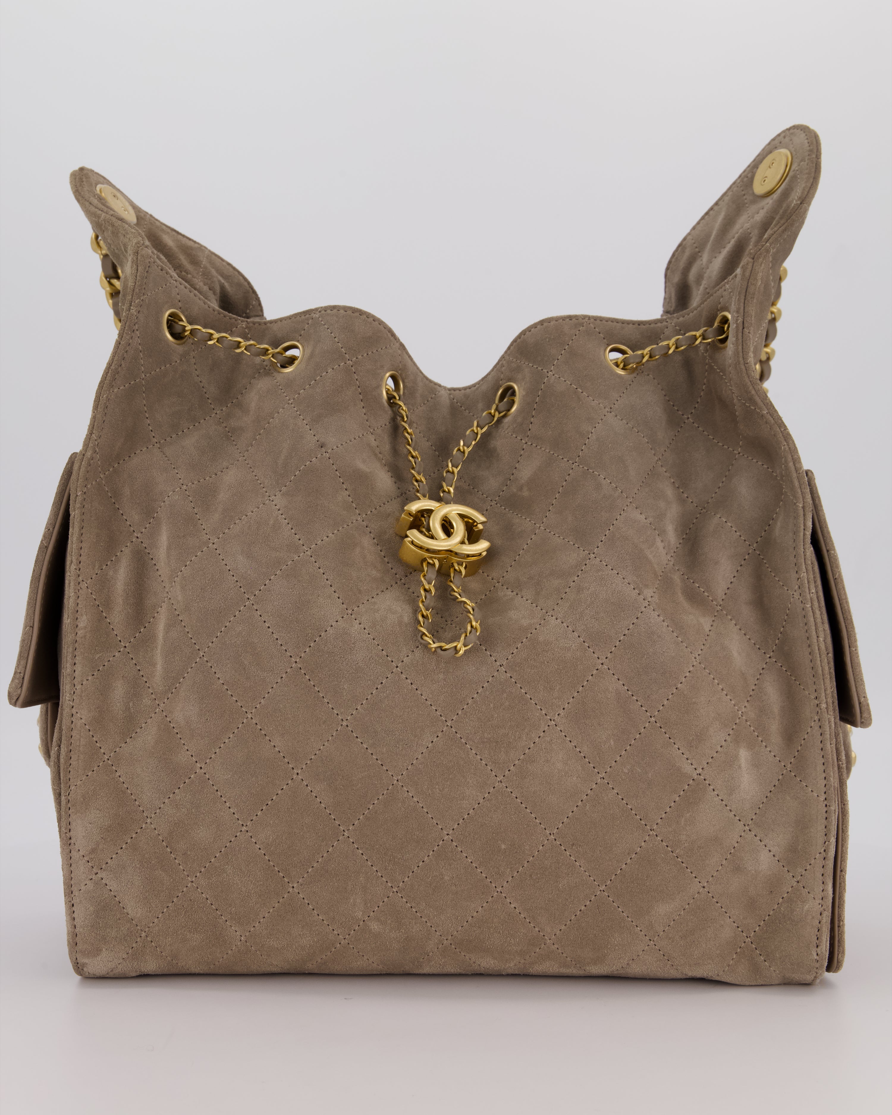 Chanel Taupe 25 Medium Handbag in Suede Calfskin Leather with Champagne Gold Hardware