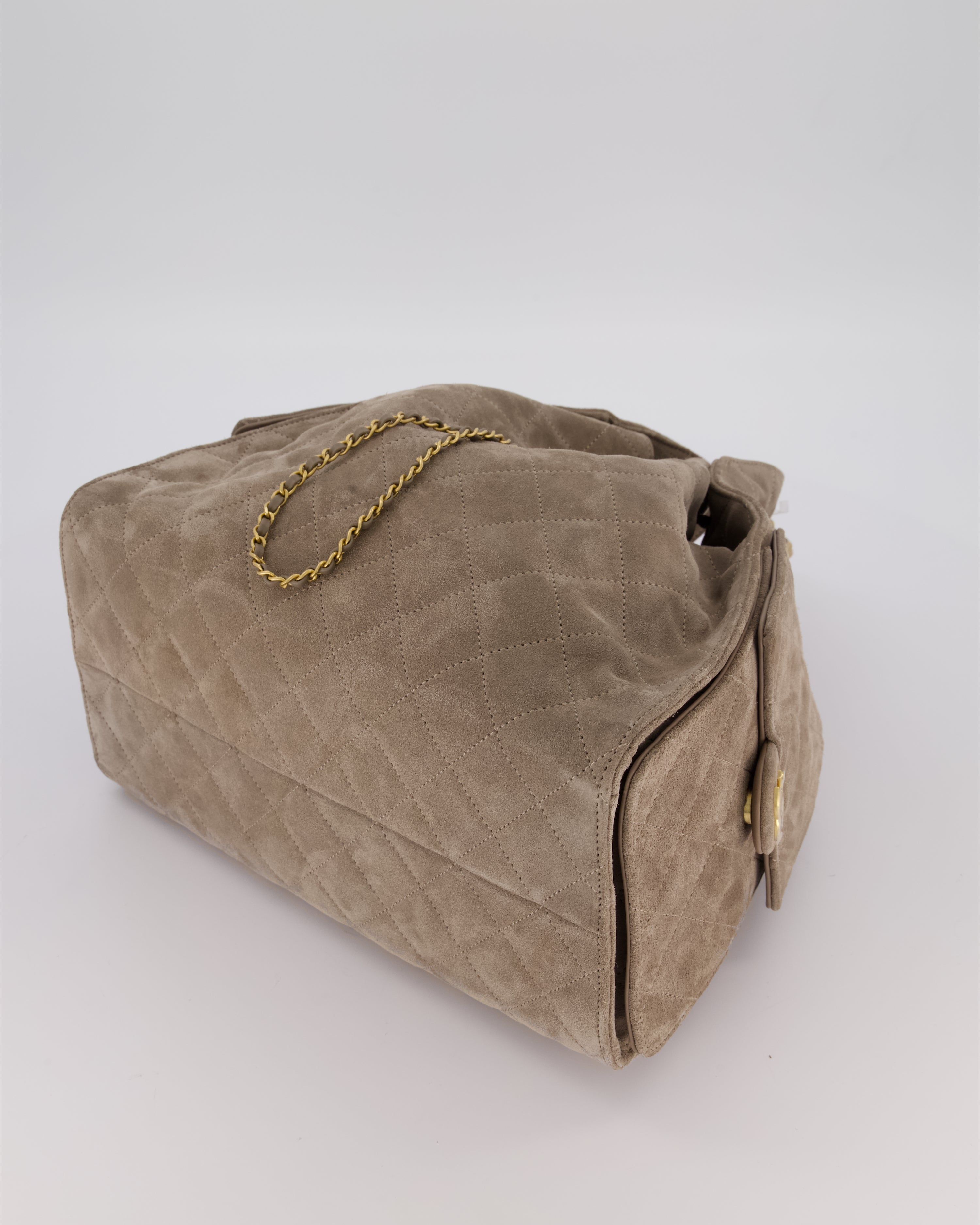 Chanel Taupe 25 Medium Handbag in Suede Calfskin Leather with Champagne Gold Hardware