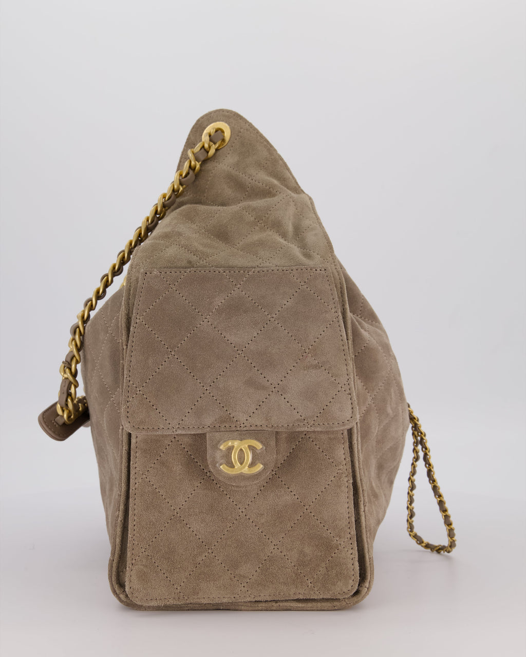 Chanel Taupe 25 Medium Handbag in Suede Calfskin Leather with Champagne Gold Hardware