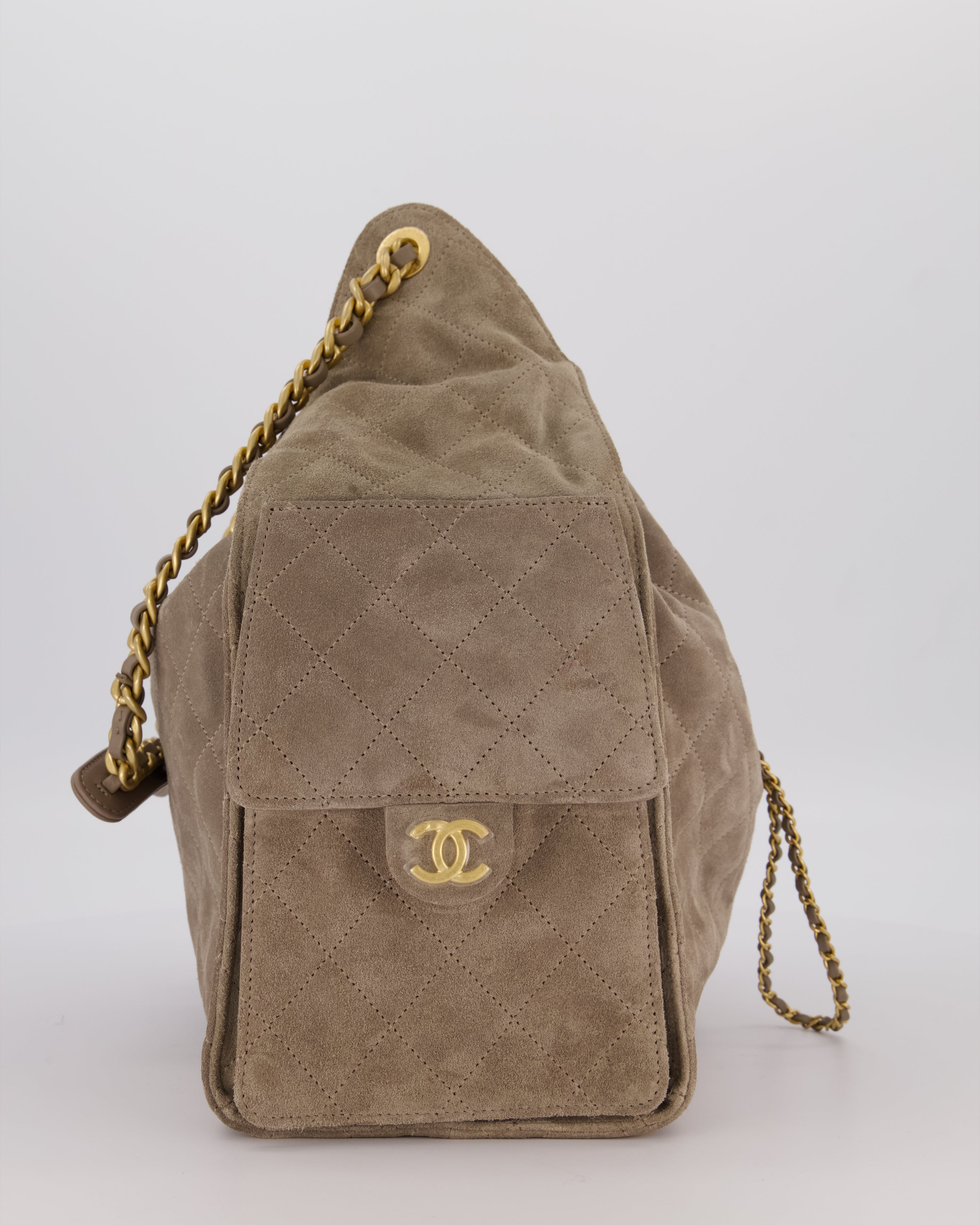 Chanel Taupe 25 Medium Handbag in Suede Calfskin Leather with Champagne Gold Hardware