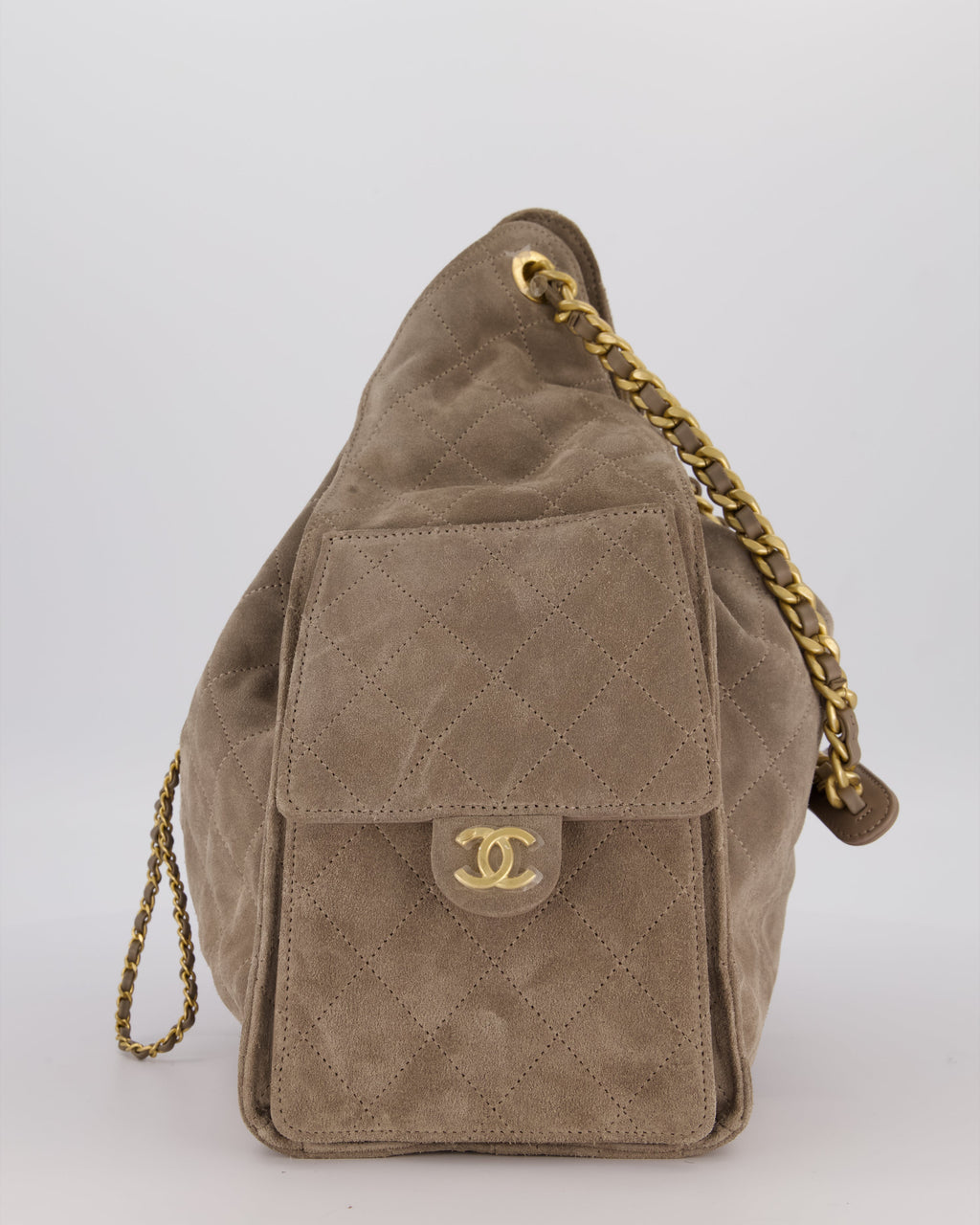 Chanel Taupe 25 Medium Handbag in Suede Calfskin Leather with Champagne Gold Hardware
