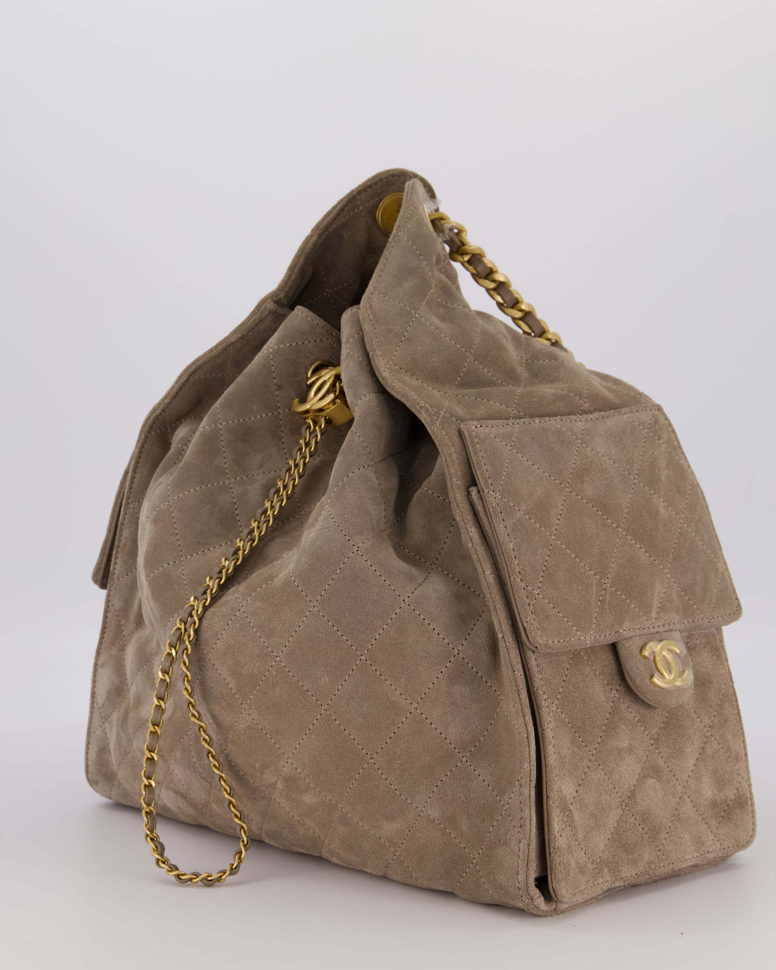 Chanel Taupe 25 Medium Handbag in Suede Calfskin Leather with Champagne Gold Hardware
